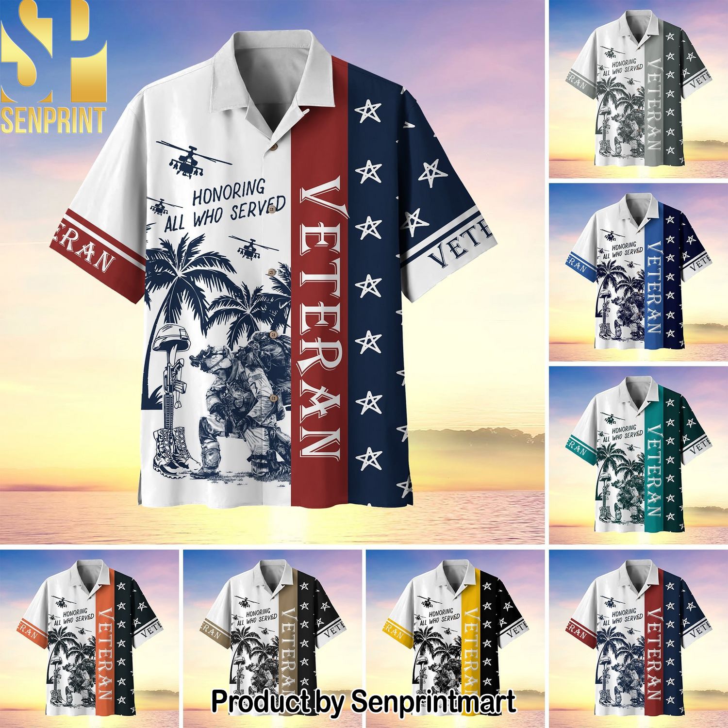 Premium United States Multiple Service Veteran New Outfit Hawaiian Print Aloha Button Down Short Sleeve Shirt