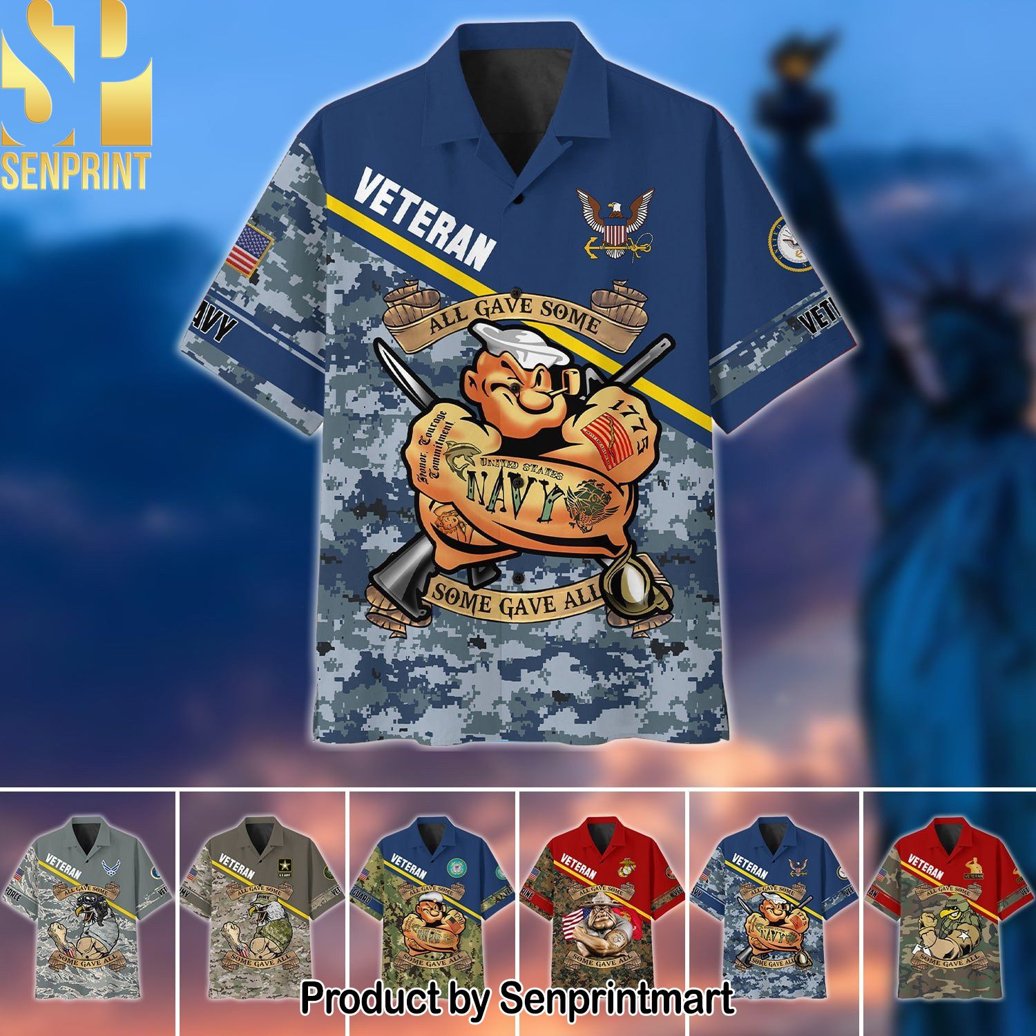 Premium United States Multiple Service Veteran New Style Full Print Hawaiian Print Aloha Button Down Short Sleeve Shirt