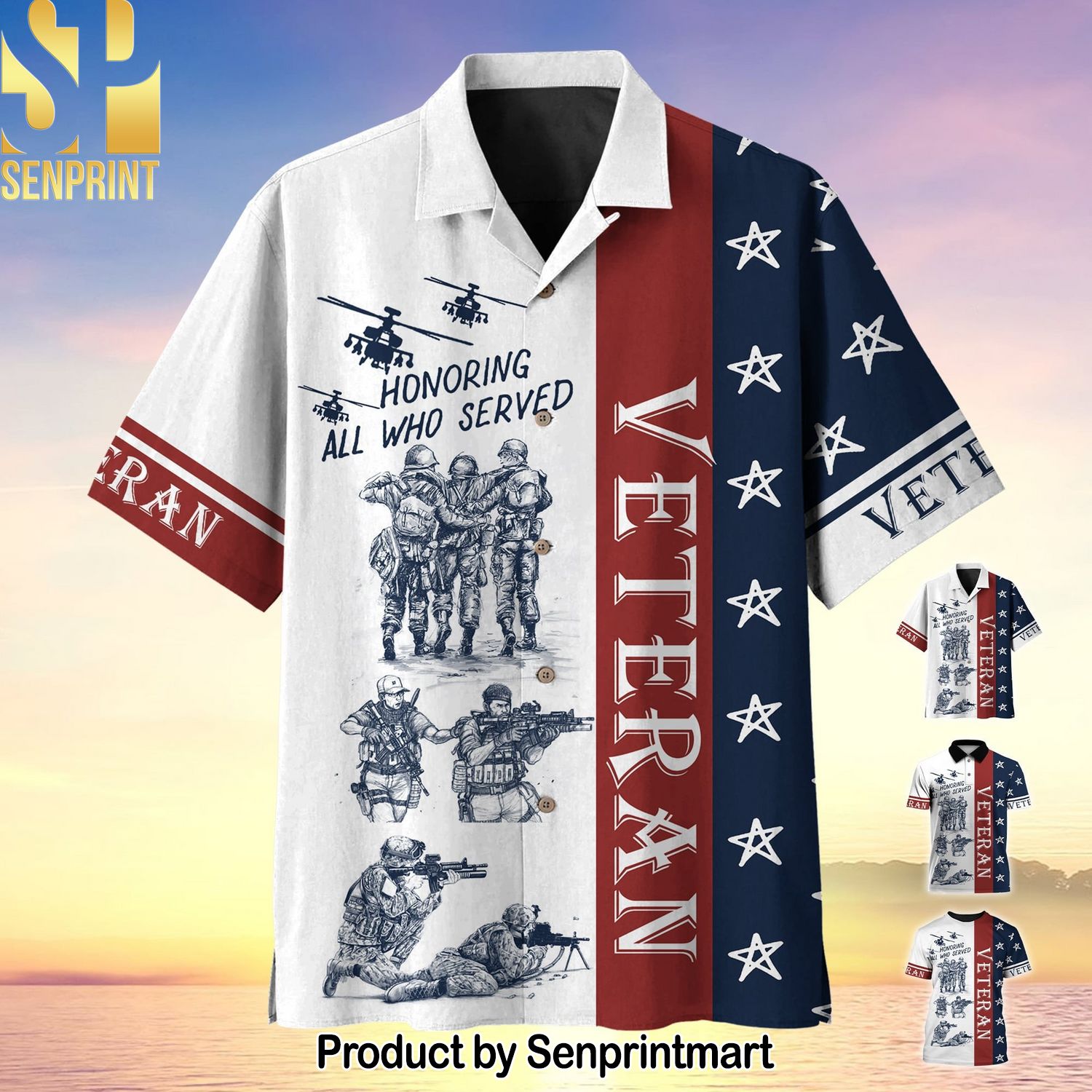 Premium United States Multiple Service Veteran Unisex All Over Printed Hawaiian Print Aloha Button Down Short Sleeve Shirt