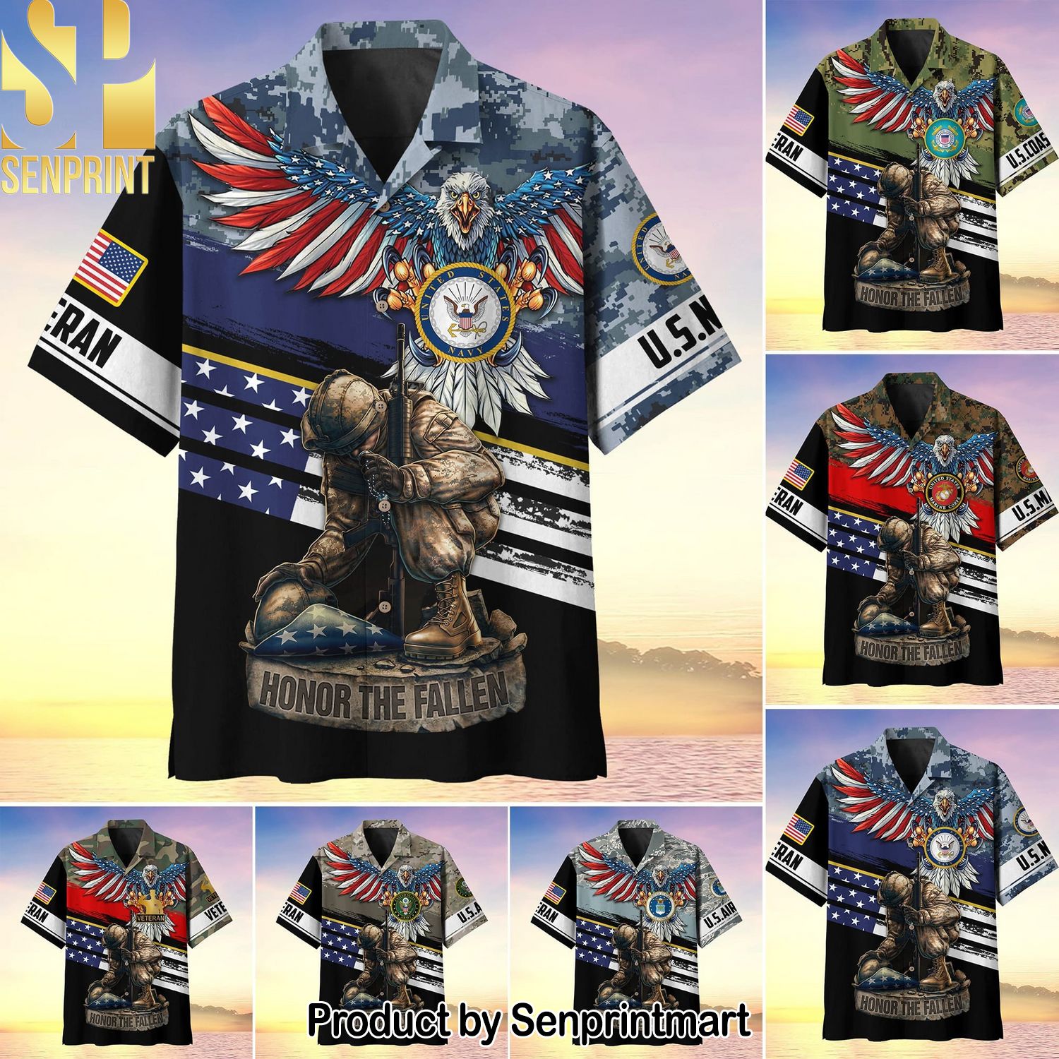 Premium United States Multiple Service Veteran YL. Full Printed Hawaiian Print Aloha Button Down Short Sleeve Shirt