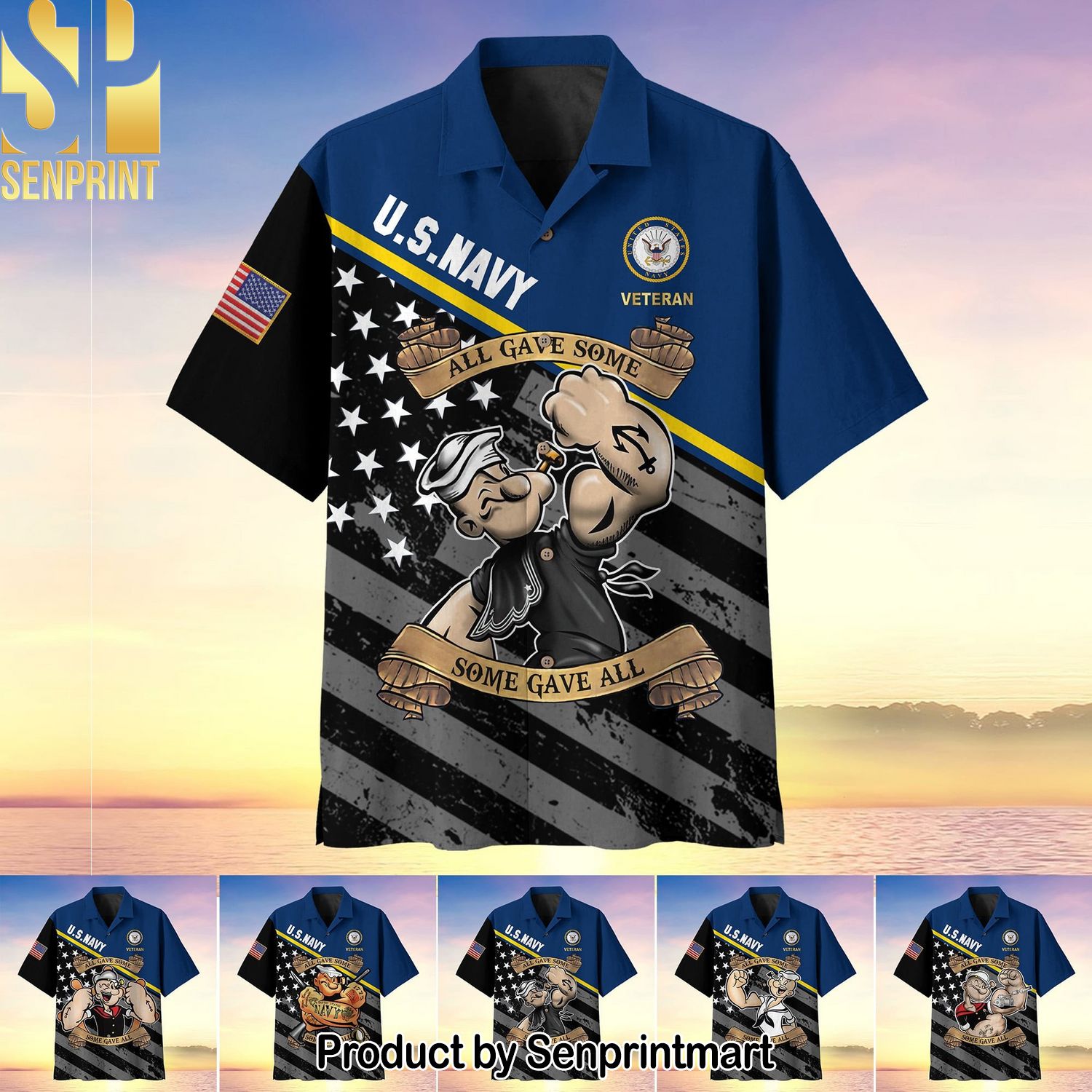 Premium United States Navy Veteran All Over Print Unisex Hawaiian Print Aloha Button Down Short Sleeve Shirt