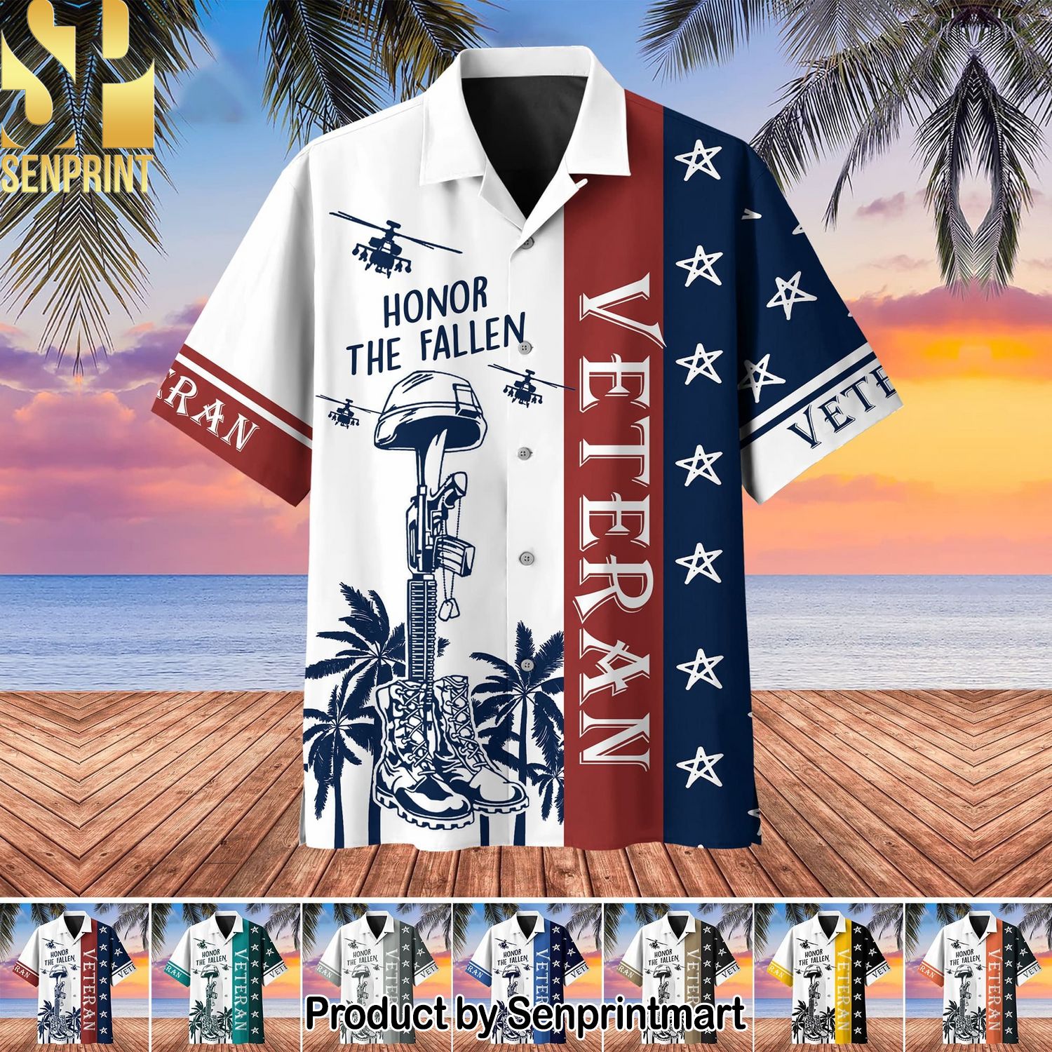 Premium United States Veteran All Over Print Hawaiian Print Aloha Button Down Short Sleeve Shirt