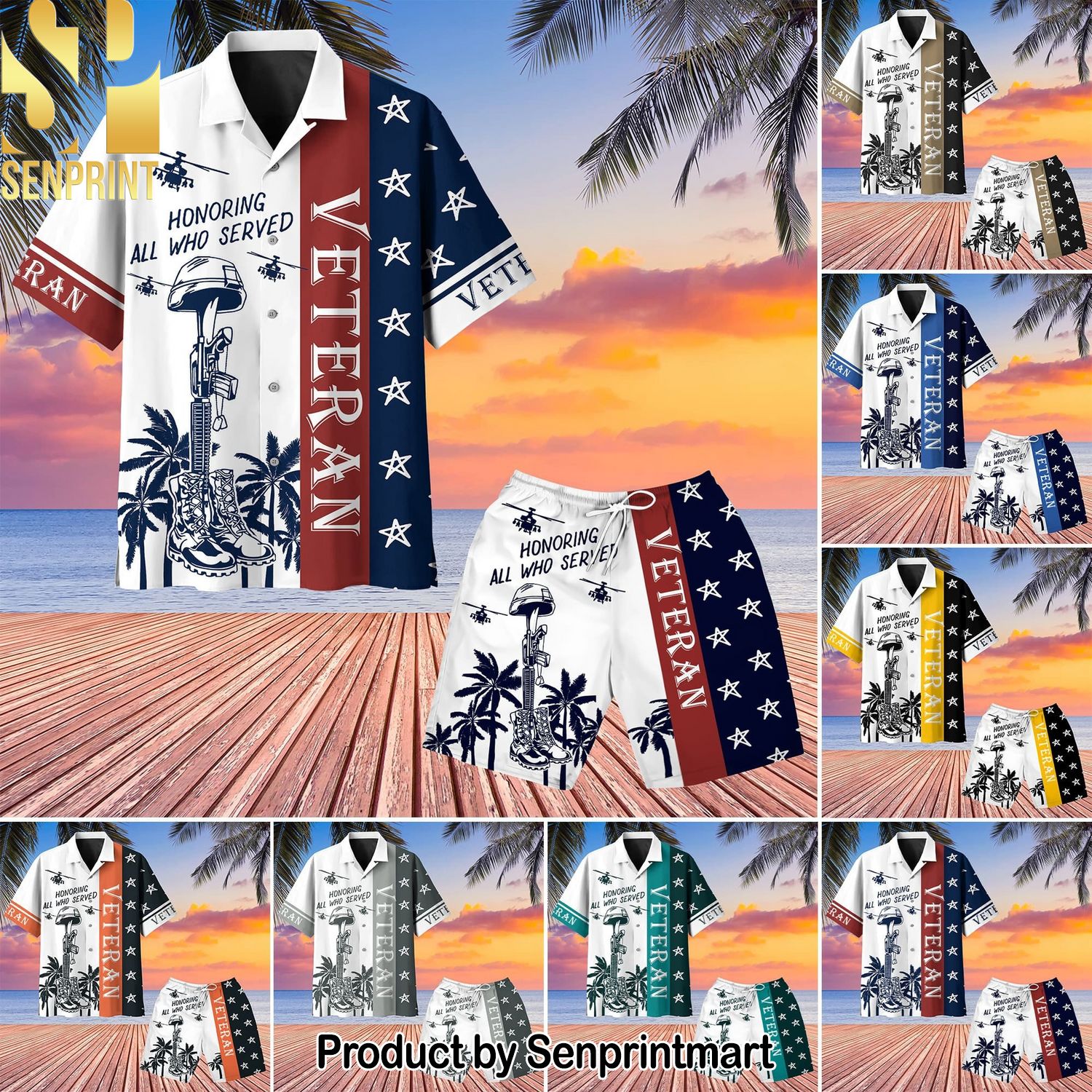 Premium United States Veteran Set All Over Printed 3D Hawaiian Print Aloha Button Down Short Sleeve Shirt