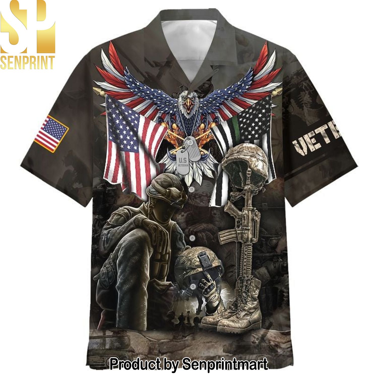 Premium United States Veteran Street Style All Over Print Hawaiian Print Aloha Button Down Short Sleeve Shirt