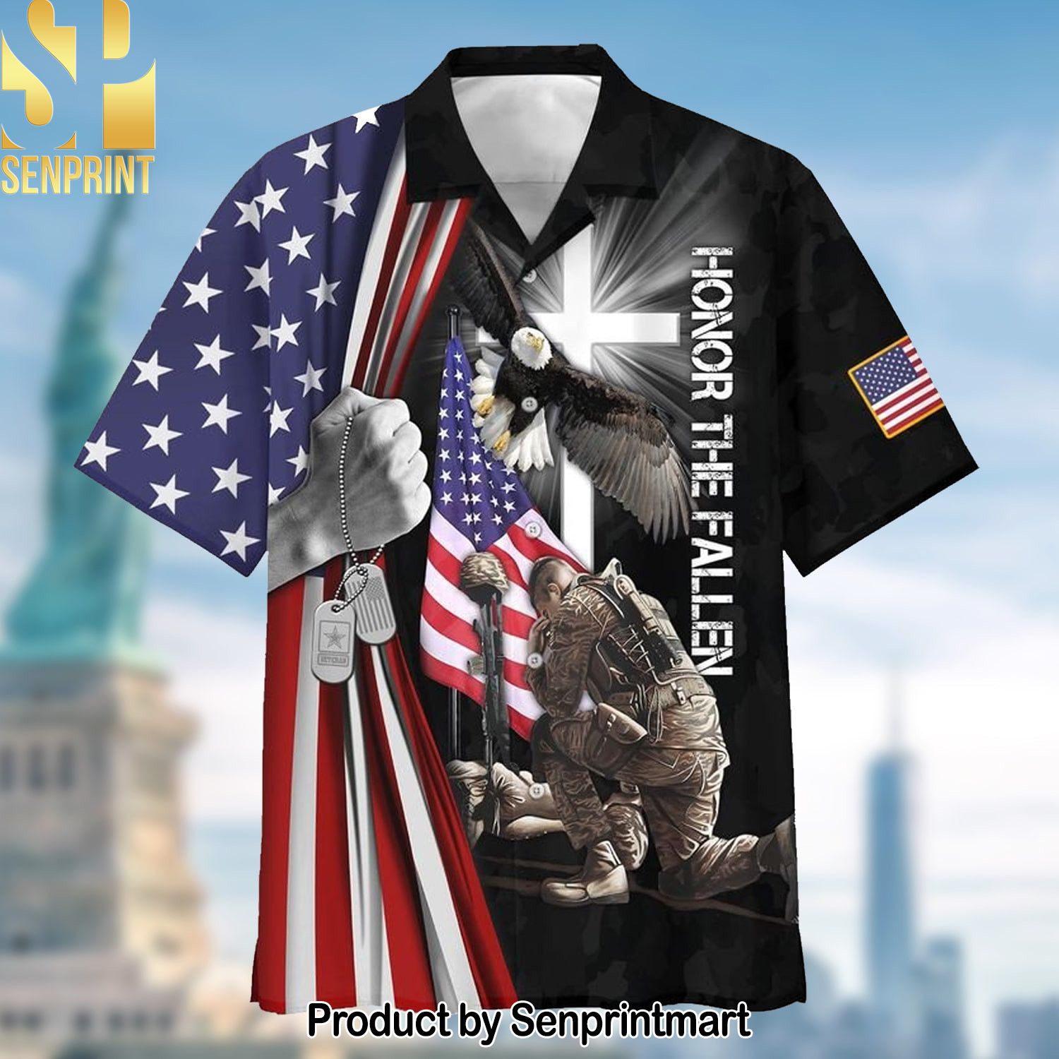 Premium United States Veteran Street Style Hawaiian Print Aloha Button Down Short Sleeve Shirt