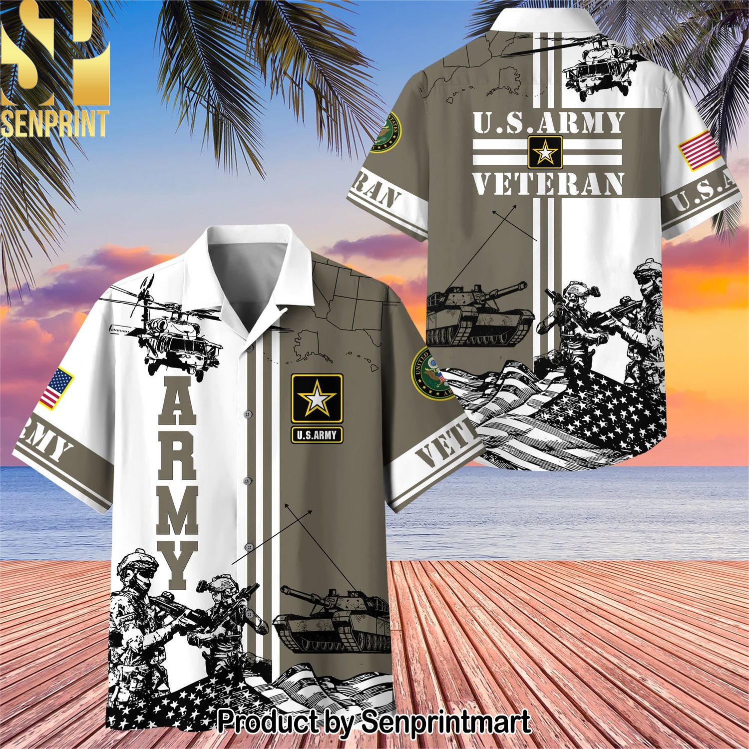 Premium US Army Blackhawk Helicopter Cool Version Hawaiian Print Aloha Button Down Short Sleeve Shirt