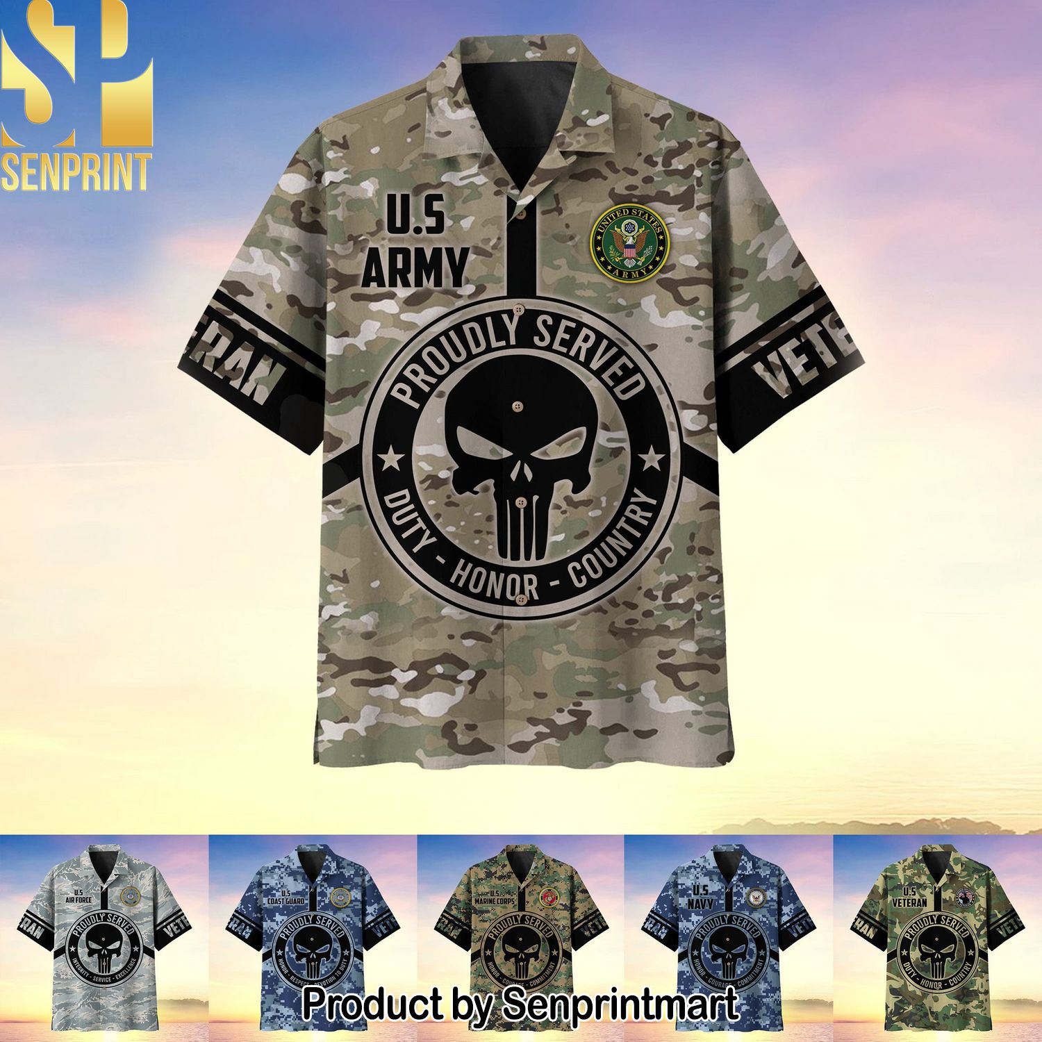 Proudly Served Punisher Skull United States Veteran Multiservice Full Print Hawaiian Print Aloha Button Down Short Sleeve Shirt