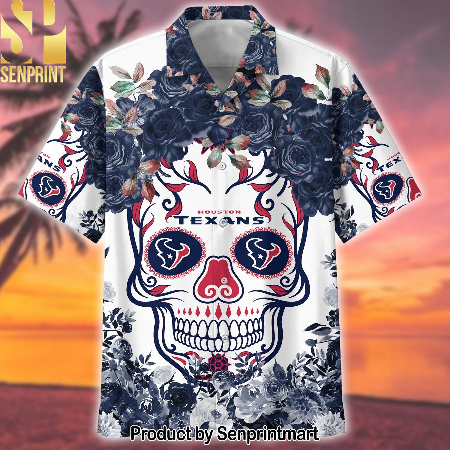 Texans NFL Flower Skull Amazing Outfit Hawaiian Print Aloha Button Down Short Sleeve Shirt