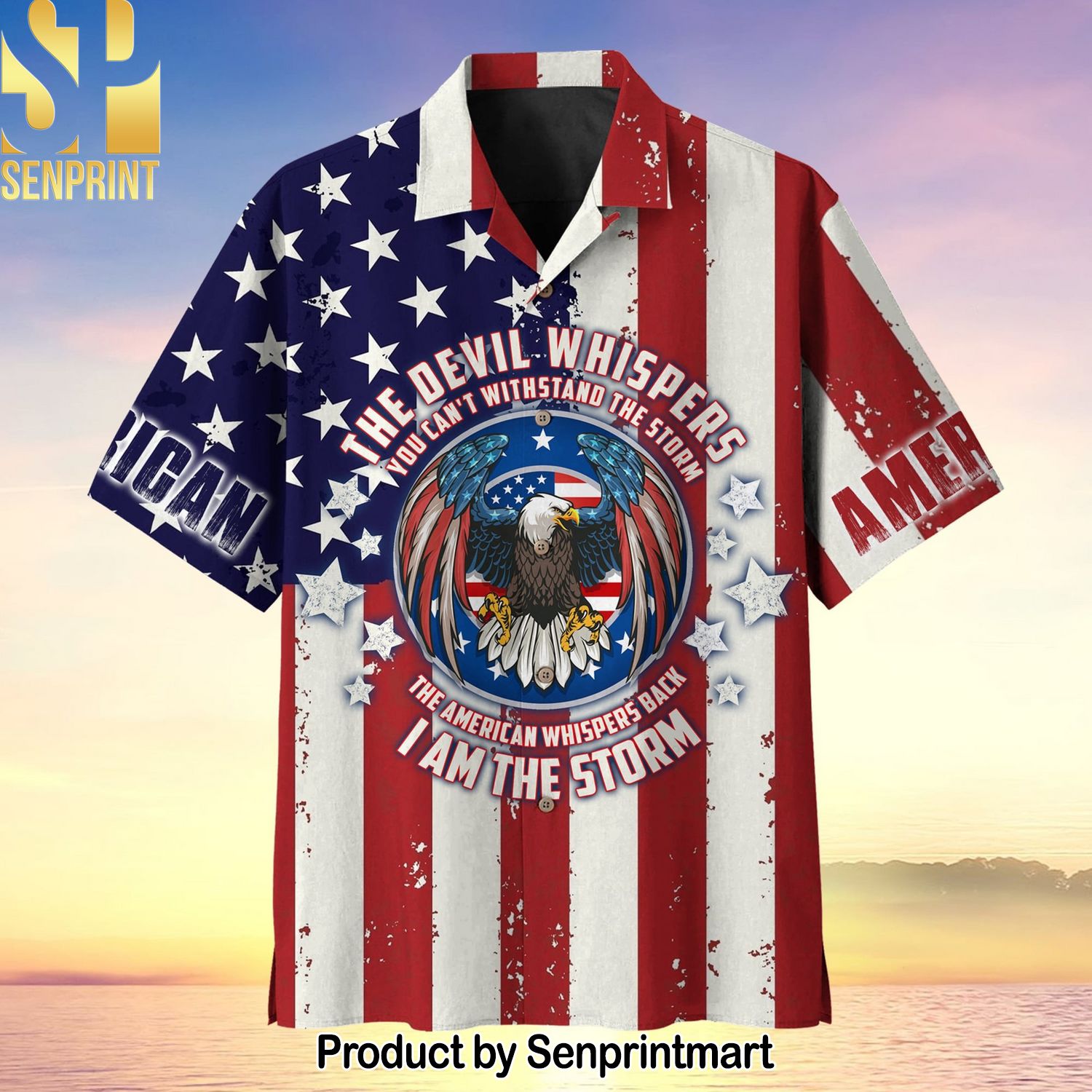 The Devil Whispers To The American Independence Day High Fashion Hawaiian Print Aloha Button Down Short Sleeve Shirt
