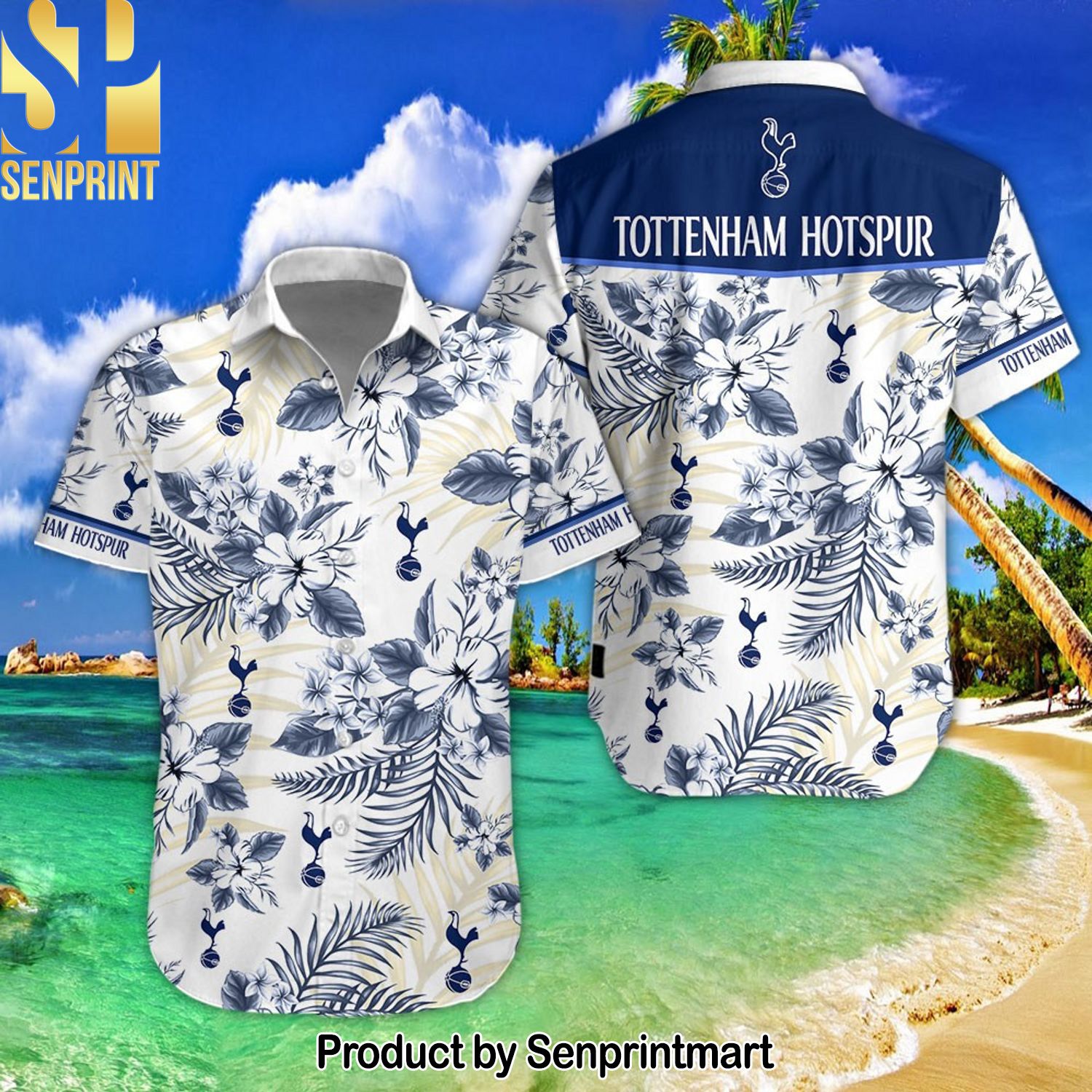 Tottenham Hotspur Football Club Awesome Outfit Hawaiian Print Aloha Button Down Short Sleeve Shirt