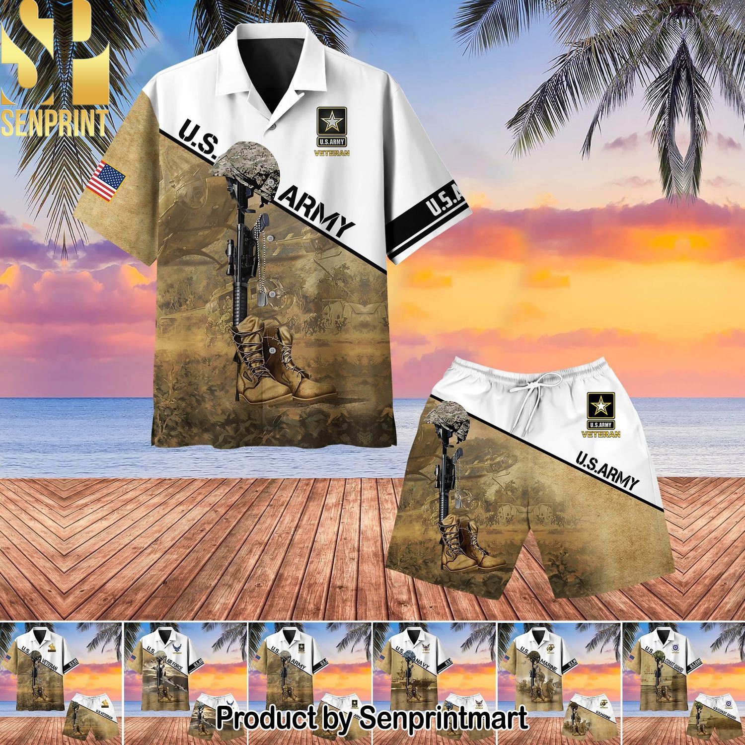 US Army Hot Fashion Hawaiian Print Aloha Button Down Short Sleeve Shirt
