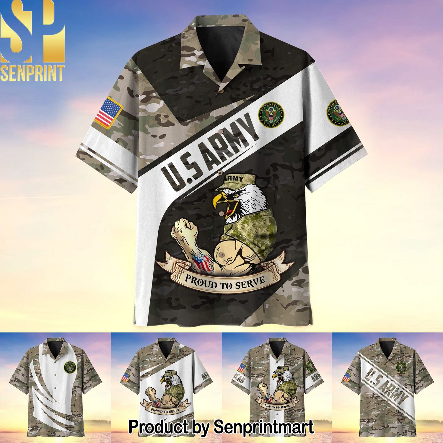 US Army Veteran Soldier Proudly Served Multistyle MH Classic Full Printed Hawaiian Print Aloha Button Down Short Sleeve Shirt