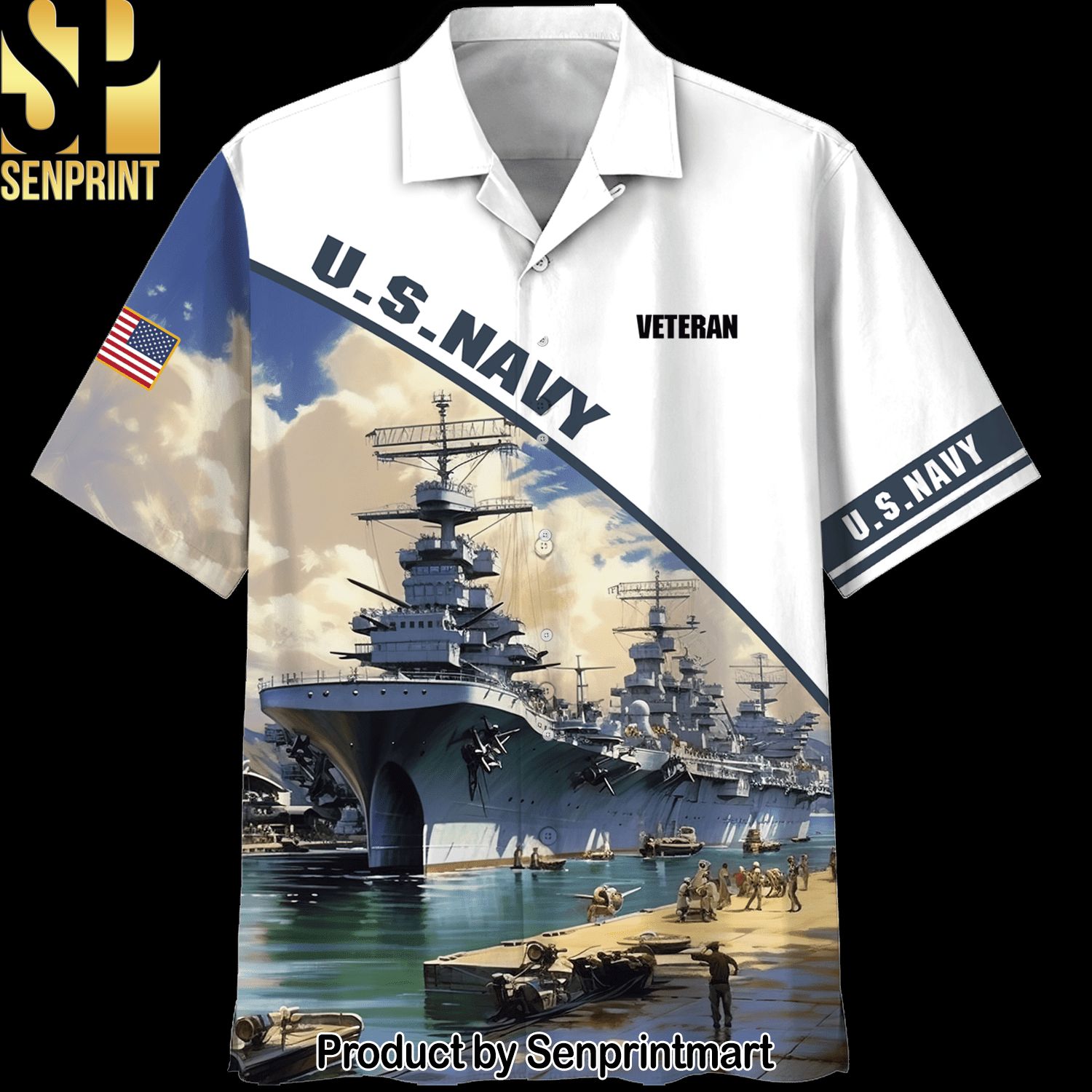 US Navy Classic Full Print Hawaiian Print Aloha Button Down Short Sleeve Shirt
