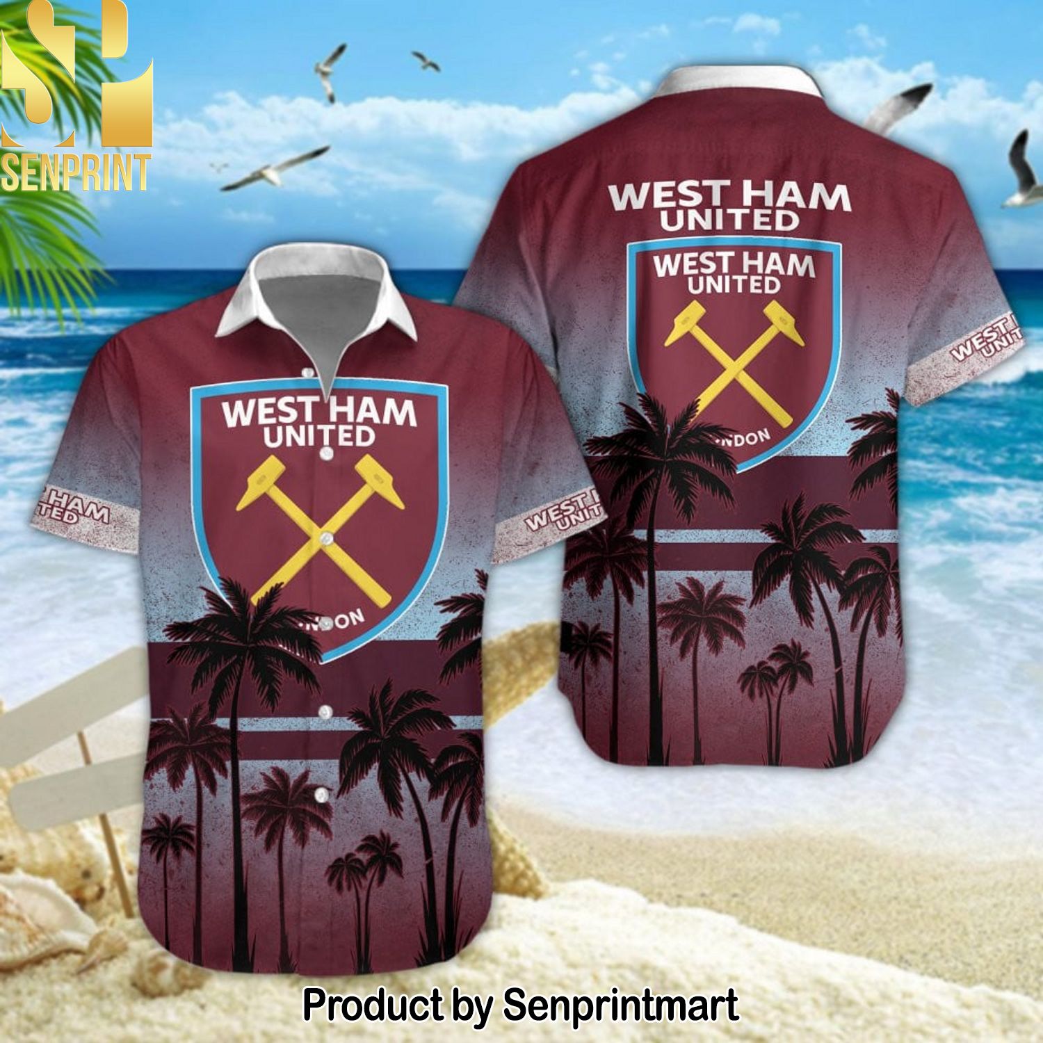 West Ham United Football Club Full Printed Hawaiian Print Aloha Button Down Short Sleeve Shirt