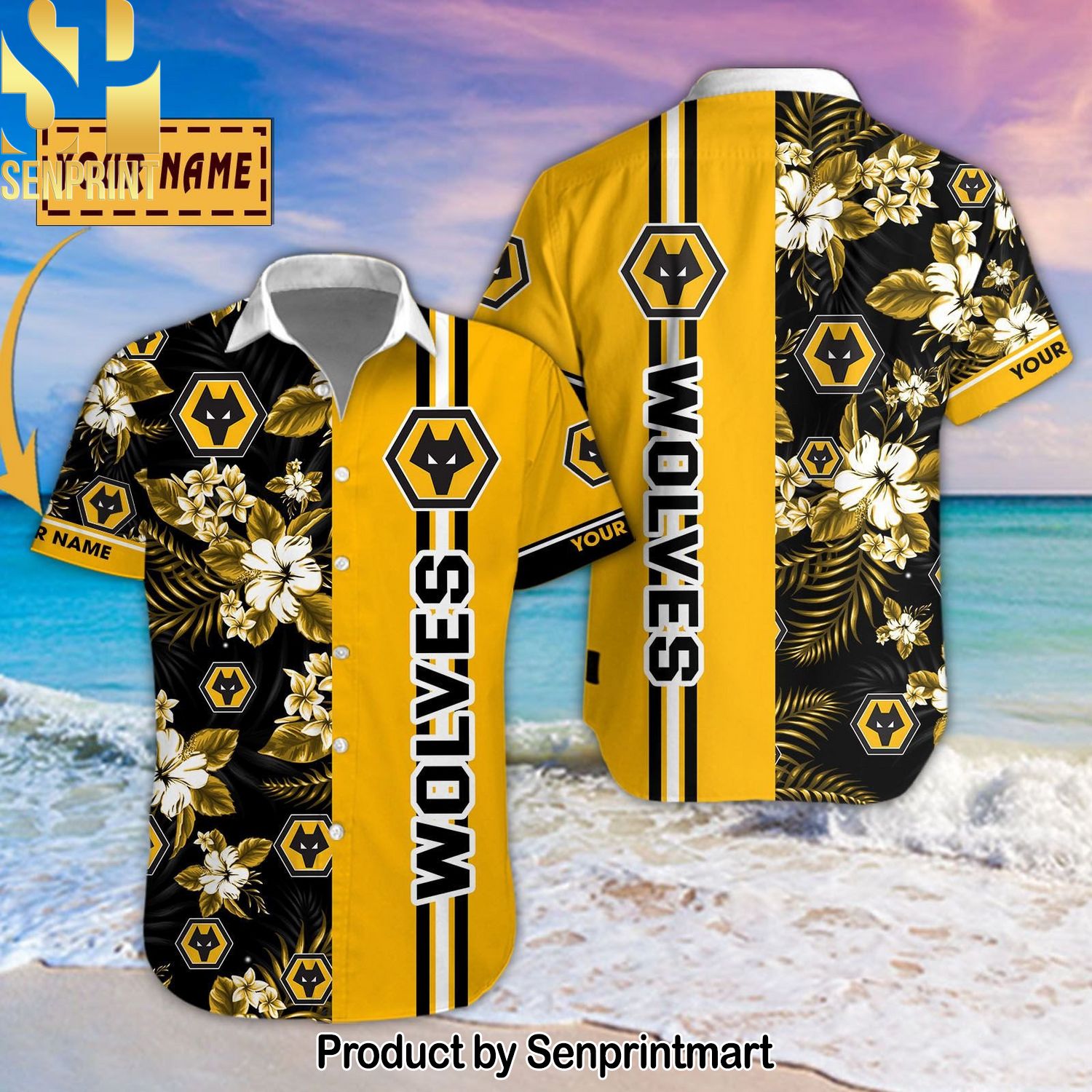Wolverhampton Wanderers Football Club Personalized All Over Printed Hawaiian Print Aloha Button Down Short Sleeve Shirt