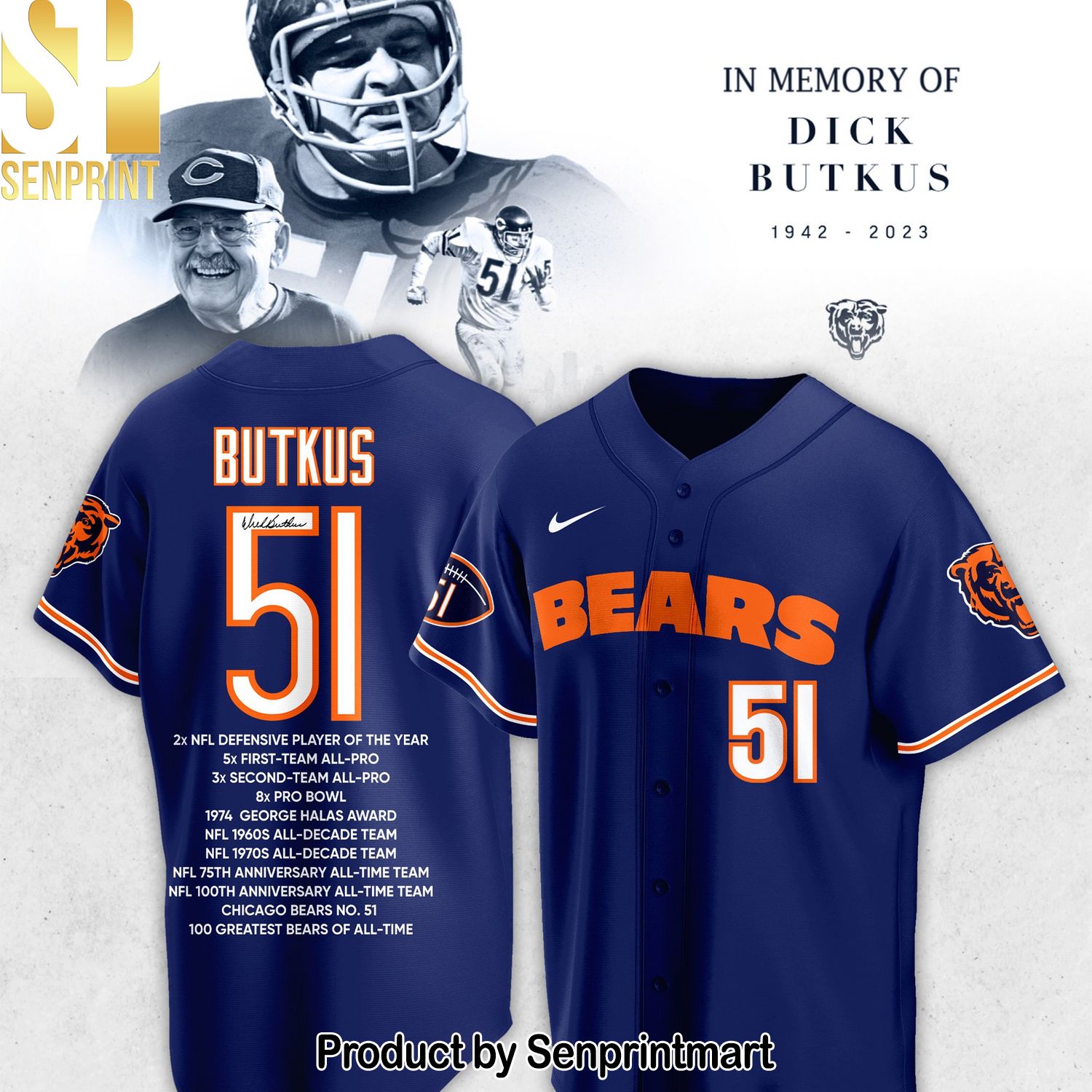 Chicago Bears Dick Butkus Navy Baseball Jersey