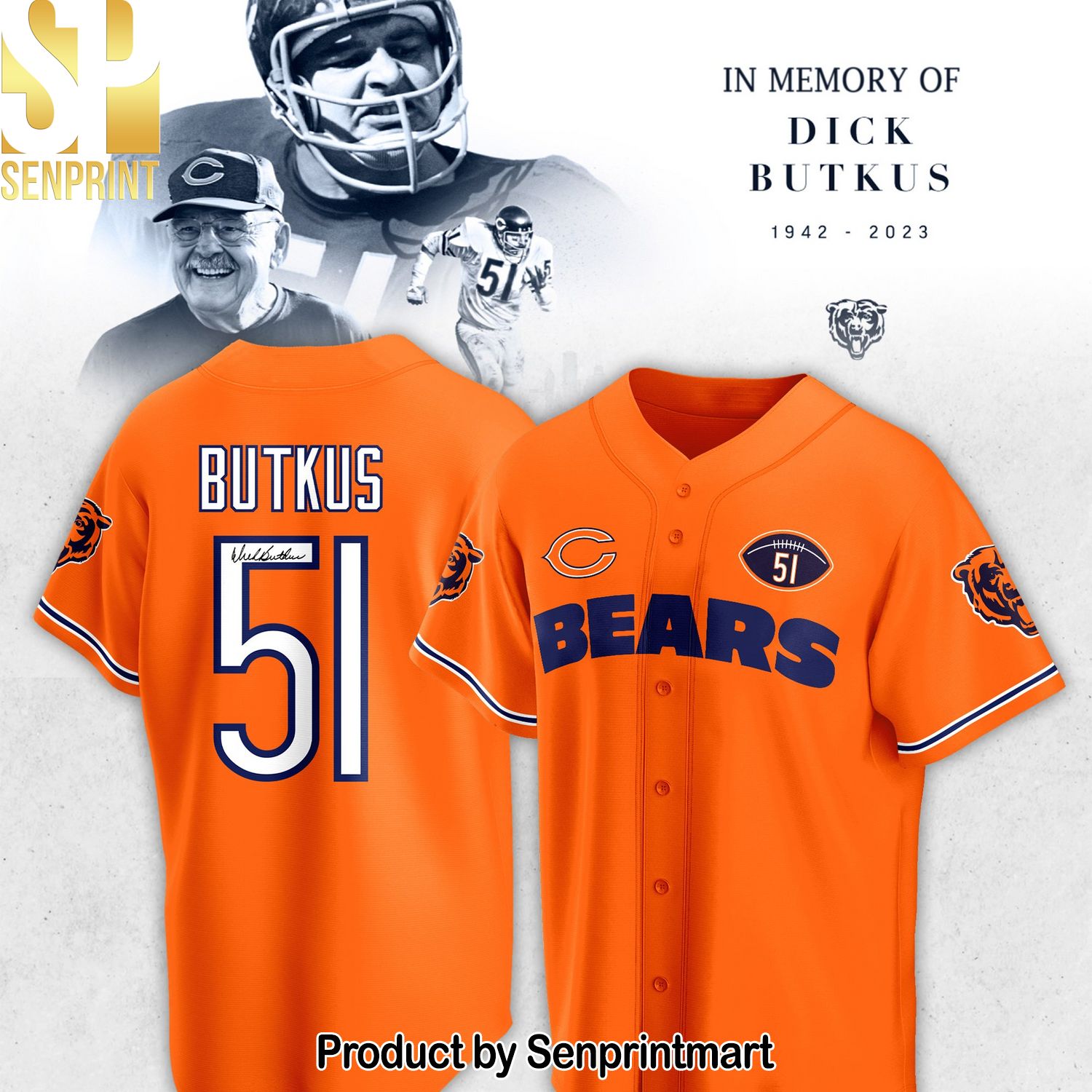 Chicago Bears Dick Butkus Orange Baseball Jersey