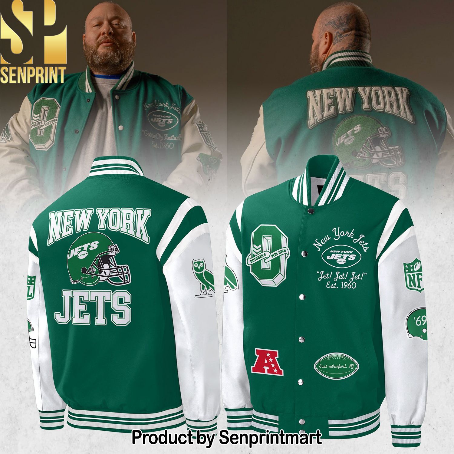 New York Jets OVO Full-Snap Varsity Jacket Bomber Jacket