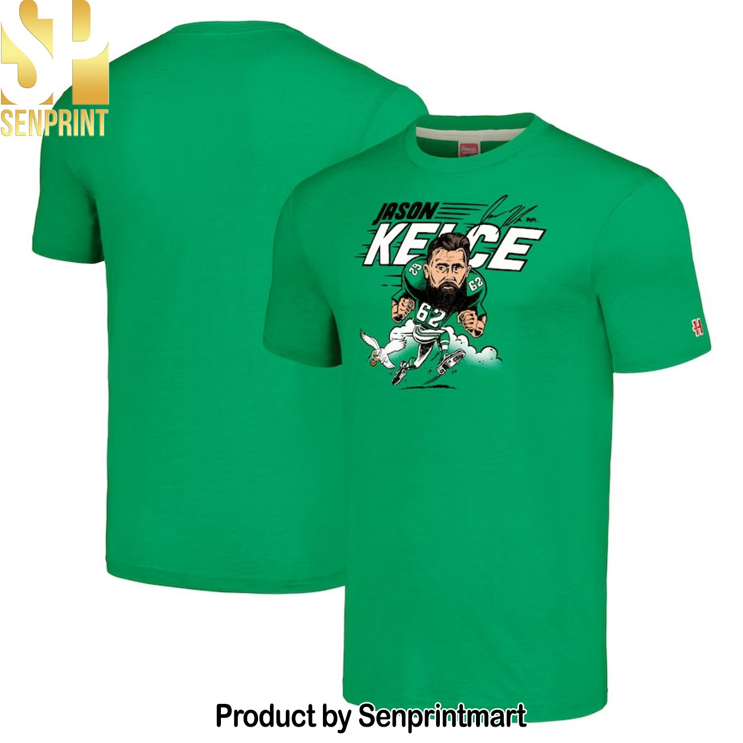 Philadelphia Eagles Jason Kelce Homage Heathered Kelly Green Caricature Player Tri-Blend Shirt