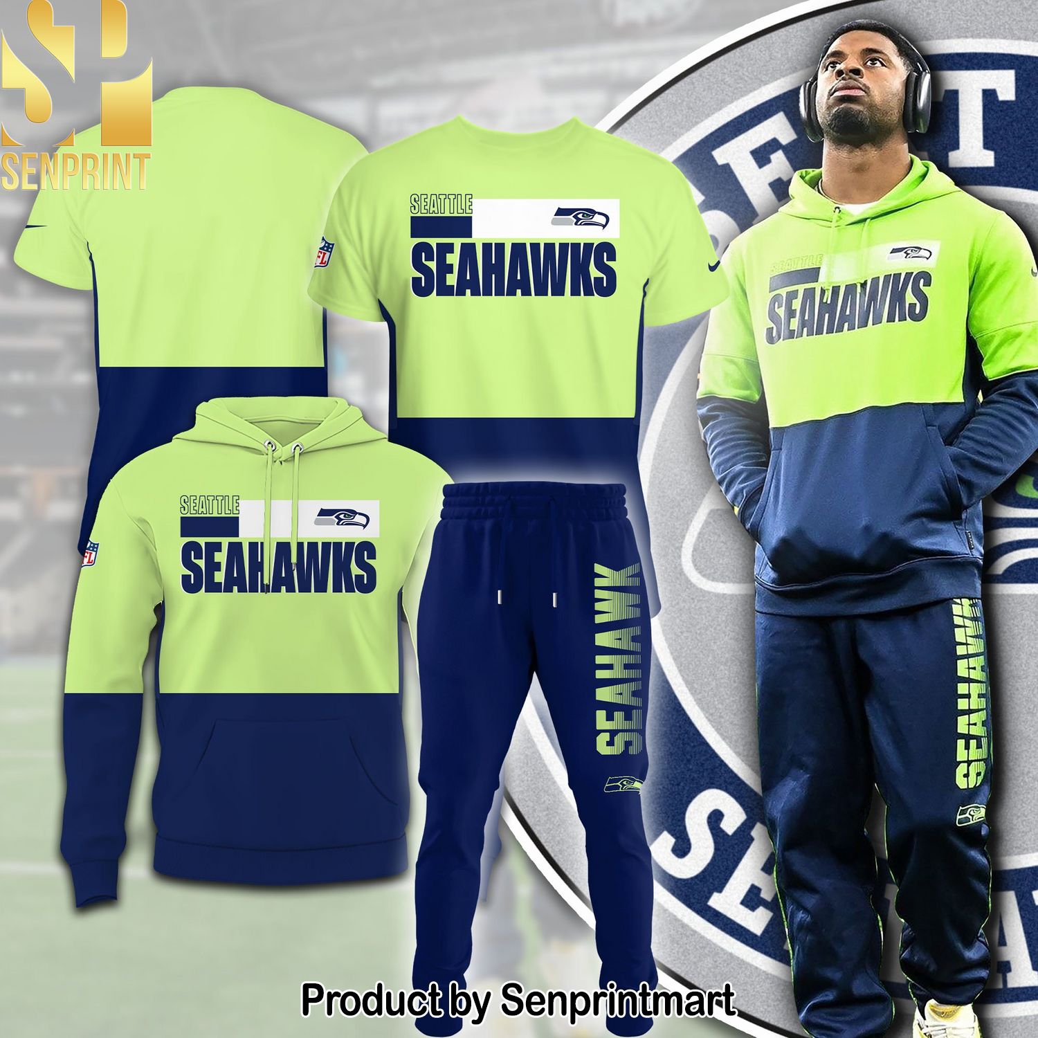 Seattle Seahawks Chartreuse Green Navy Pullover Combo