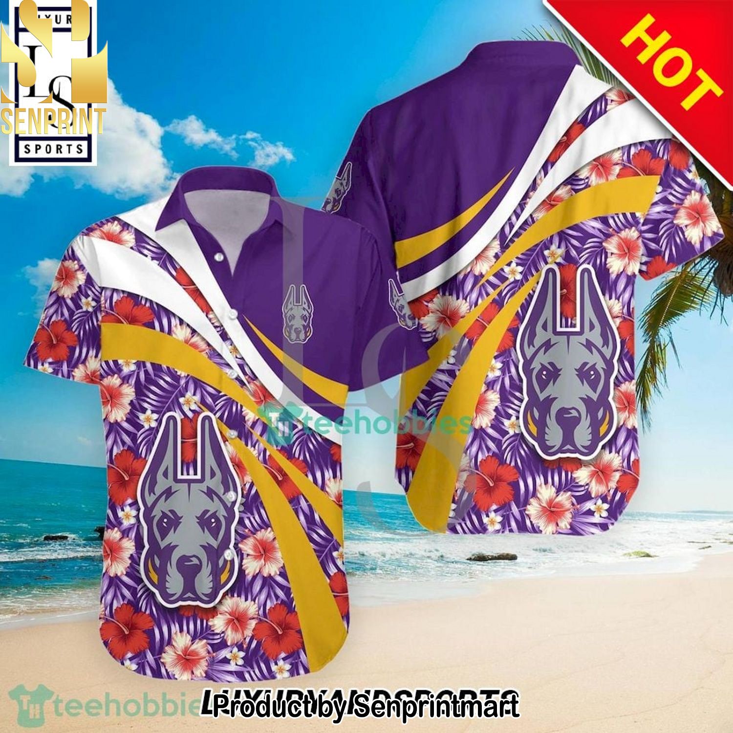 Albany Great Danes NCAA Hibiscus Tropical Flower Casual Full Printed Hawaiian Shirt and Shorts