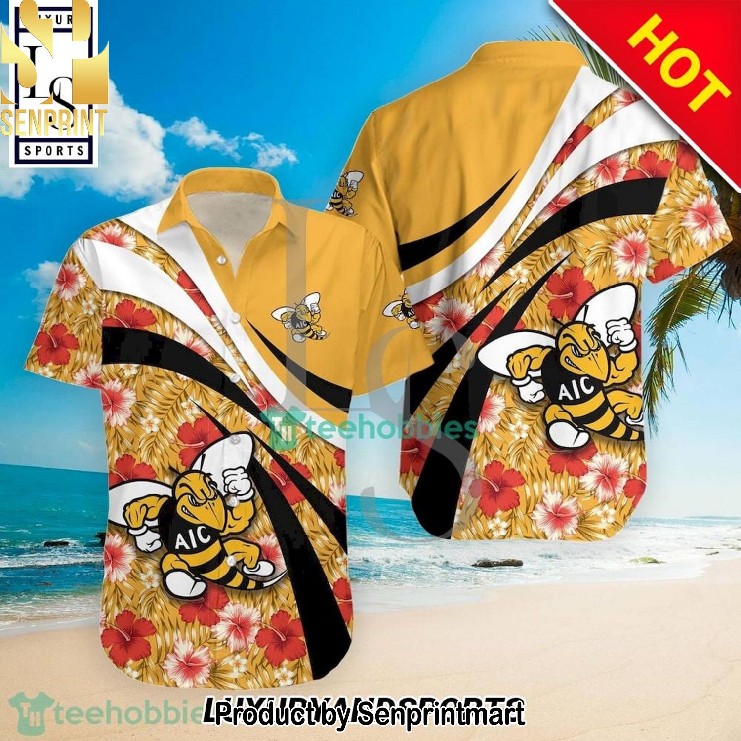 American International Yellow Jackets NCAA Hibiscus Tropical Flower Casual 3D Hawaiian Shirt and Shorts