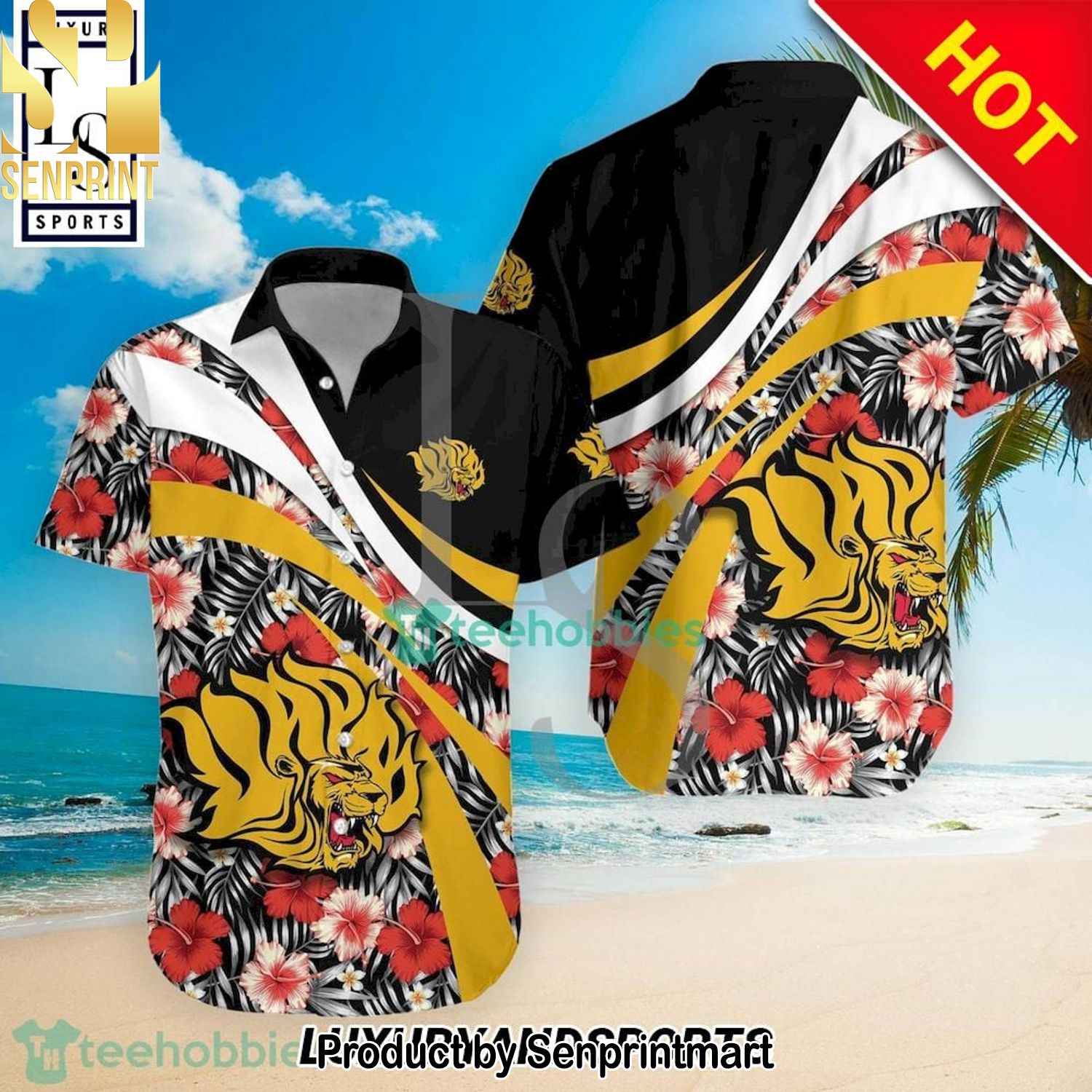 Arkansas-Pine Bluff Golden Lions NCAA Hibiscus Tropical Flower Pattern Full Printing Hawaiian Shirt and Shorts