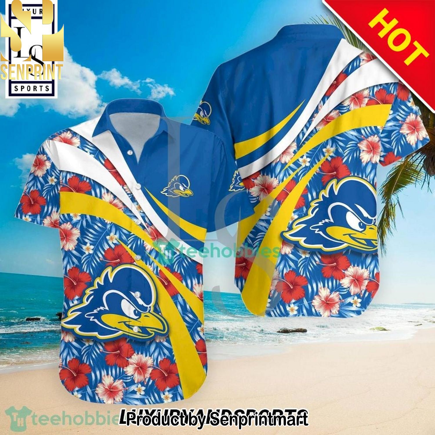Delaware Blue Hens NCAA Hibiscus Tropical Flower Hot Version All Over Printed Hawaiian Shirt and Shorts