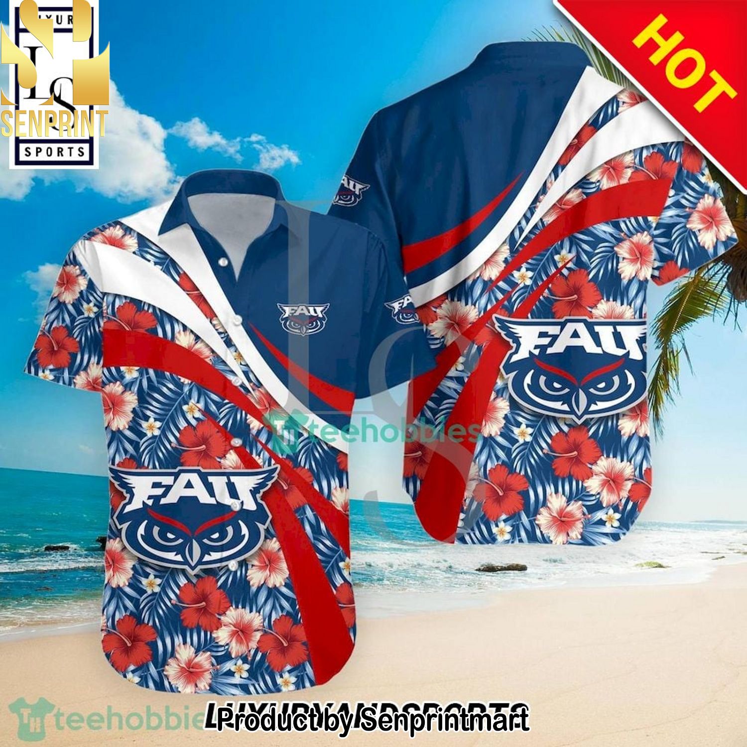 Florida Atlantic Owls NCAA Hibiscus Tropical Flower 3D Full Printed Hawaiian Shirt and Shorts