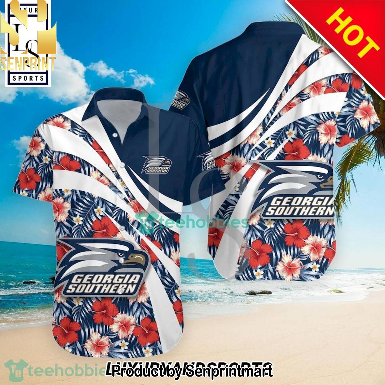 Georgia Southern Eagles NCAA Hibiscus Tropical Flower Classic Full Print Hawaiian Shirt and Shorts