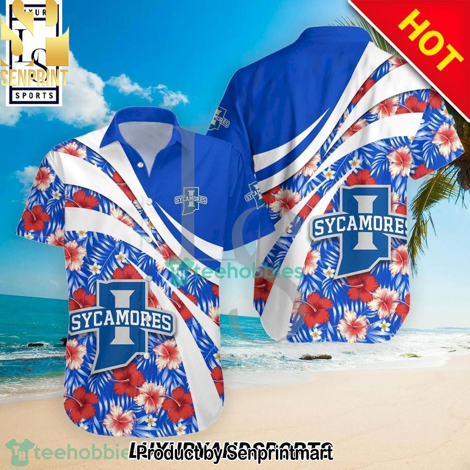 Indiana State Sycamores NCAA Hibiscus Tropical Flower Unisex Full Printing Hawaiian Shirt and Shorts