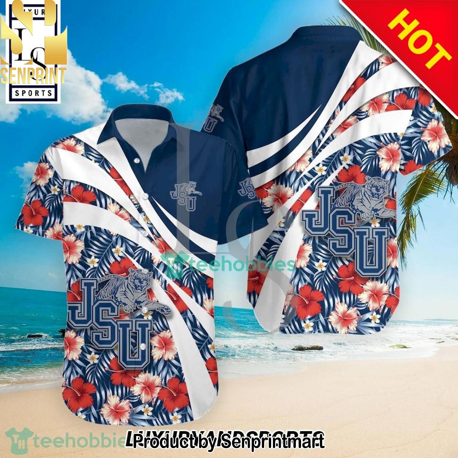 Jackson State Tigers NCAA Hibiscus Tropical Flower Unisex Full Print Hawaiian Shirt and Shorts