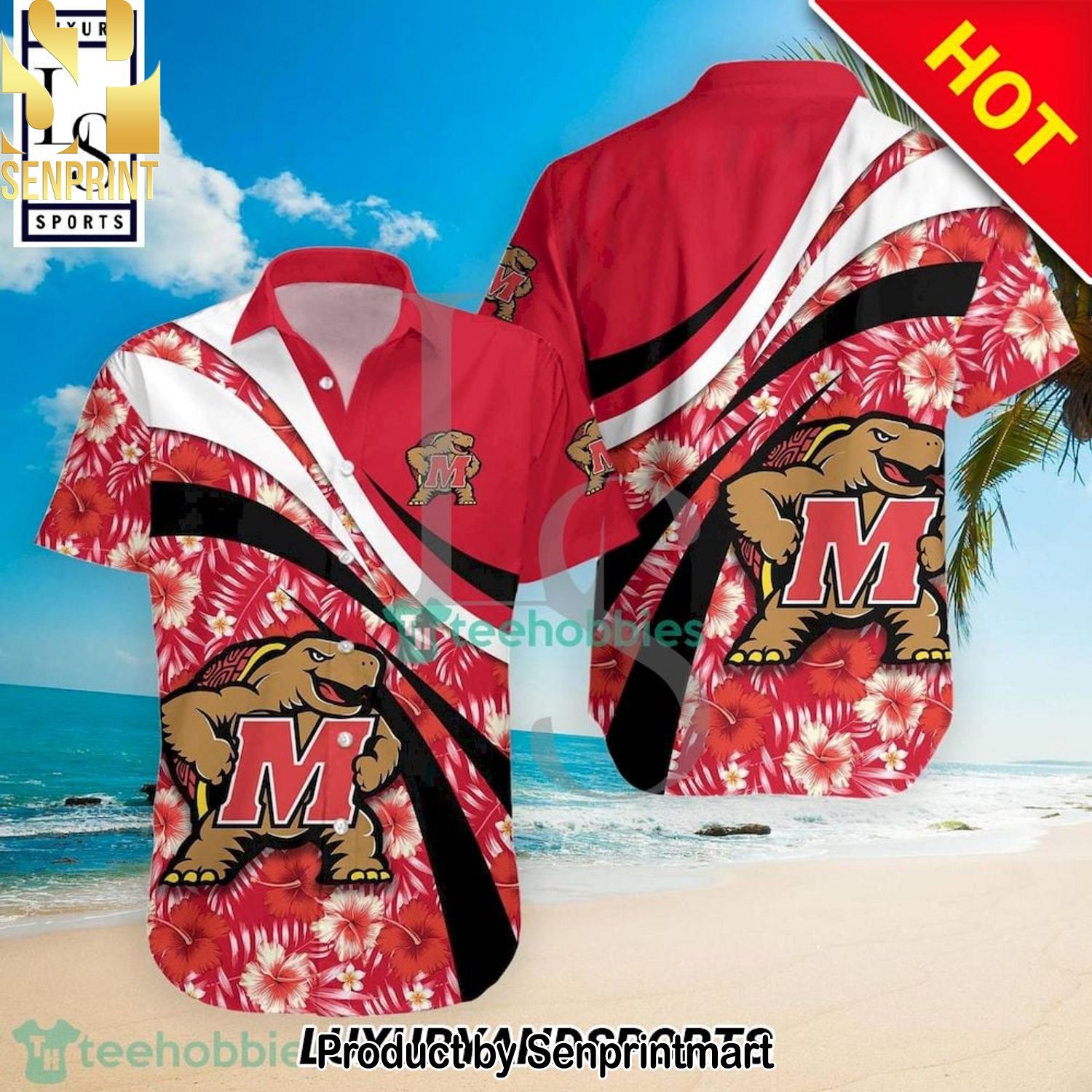 Maryland Terrapins NCAA Hibiscus Tropical Flower Casual Hawaiian Shirt and Shorts