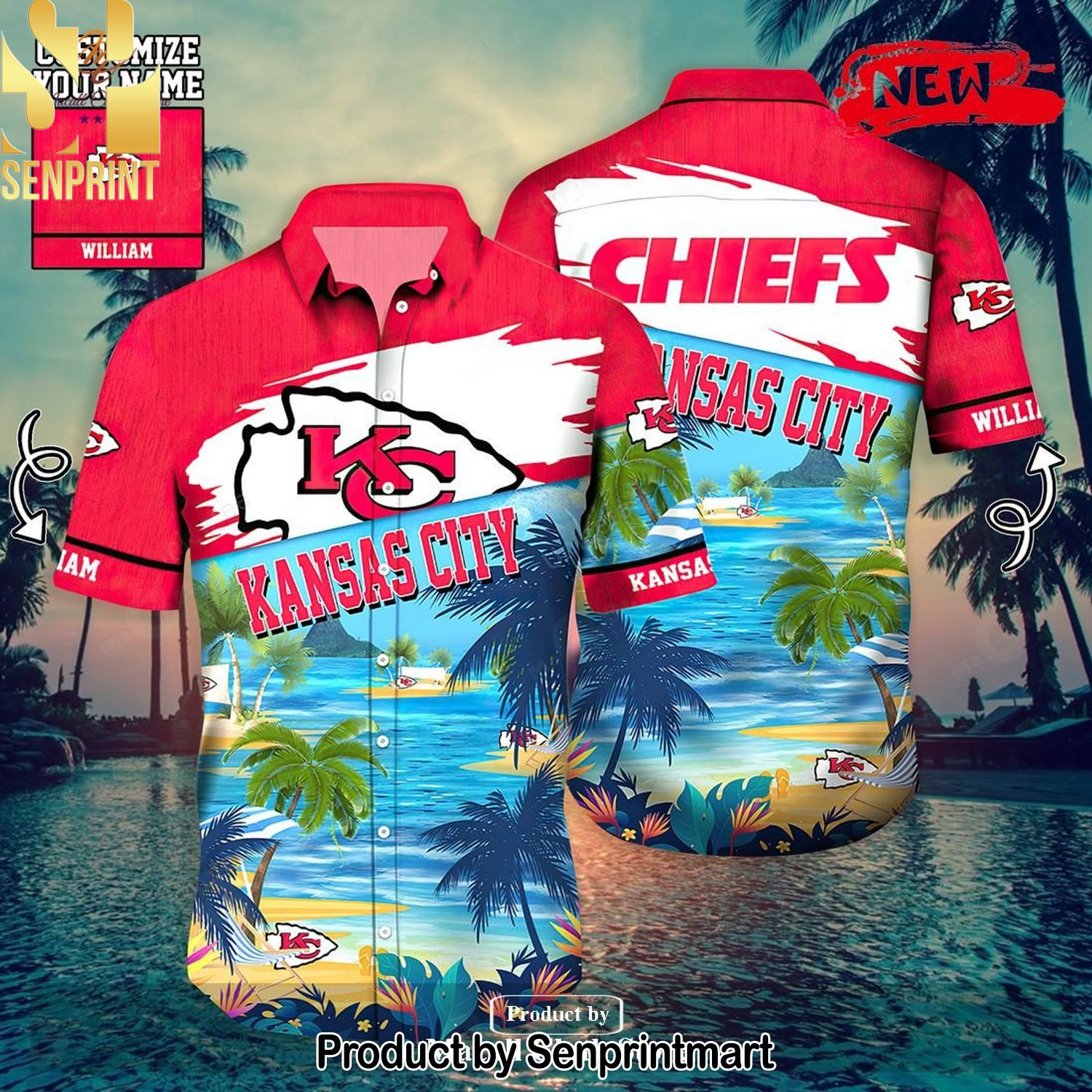 Personalized Name KANSAS CITY CHIEFS Coconut Tree Full Print Unisex Hawaiian Shirt and Shorts