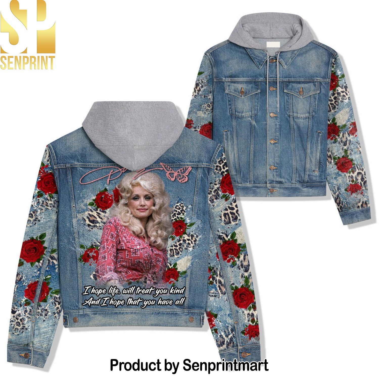 Dolly Parton Dark Wash Hoodie Denim Jacket