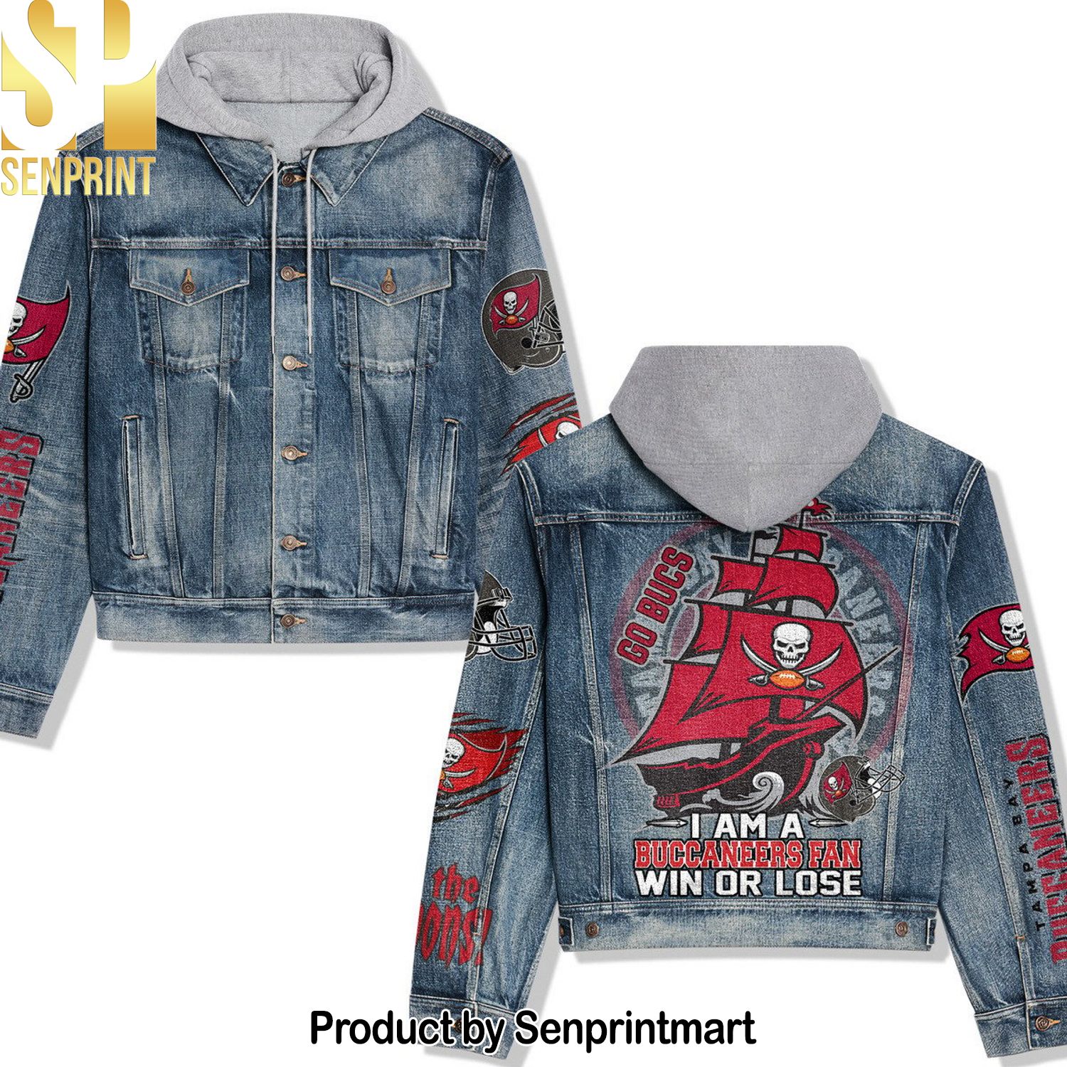 NFL Tampa Bay Buccaneers Acid Wash Hoodie Denim Jacket