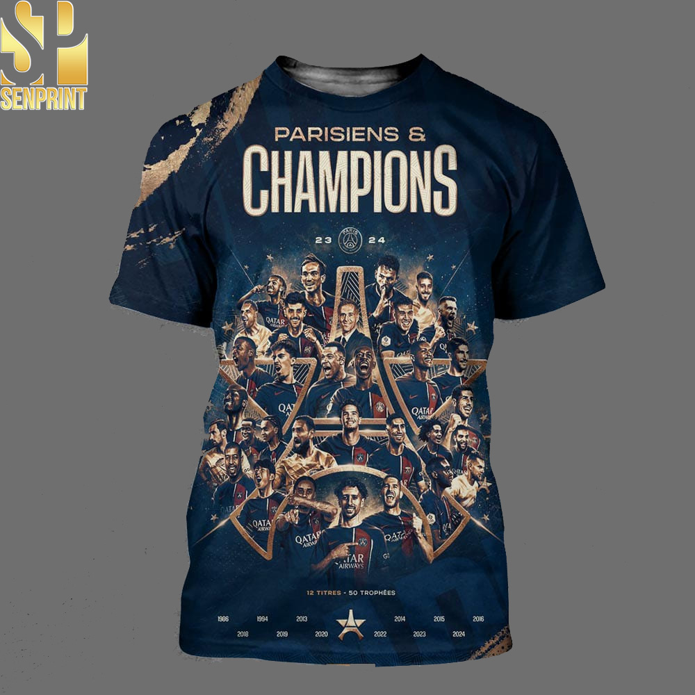 Paris Saint-Germain Parisiens Champions Ligue 1 Champions 12 Titres 50 Trophies Full Printing Shirt
