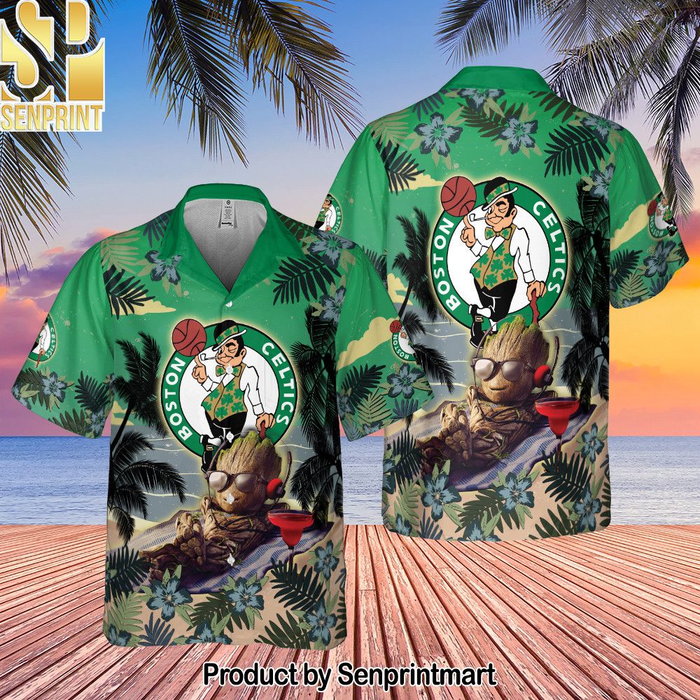 Boston Celtics Summer With Baby Groot Basketball Association All Over Printed Hawaiian Set – SEN0374