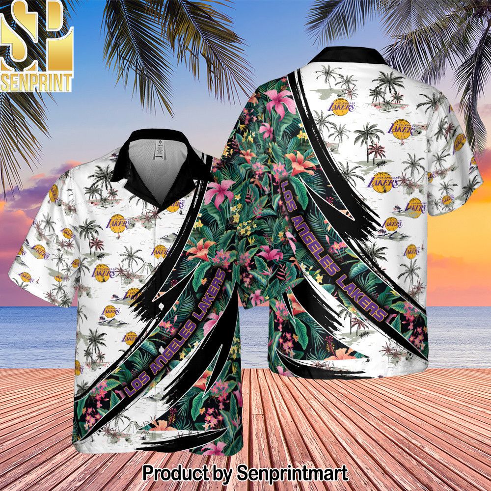 Los Angeles Lakers Hibiscus Flower And Tree Pattern Print Hawaiian Set – SEN0270