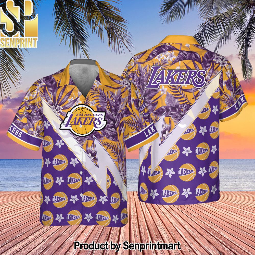 Los Angeles Lakers Tropical And Basketball Pattern Print Hawaiian Set – SEN0596