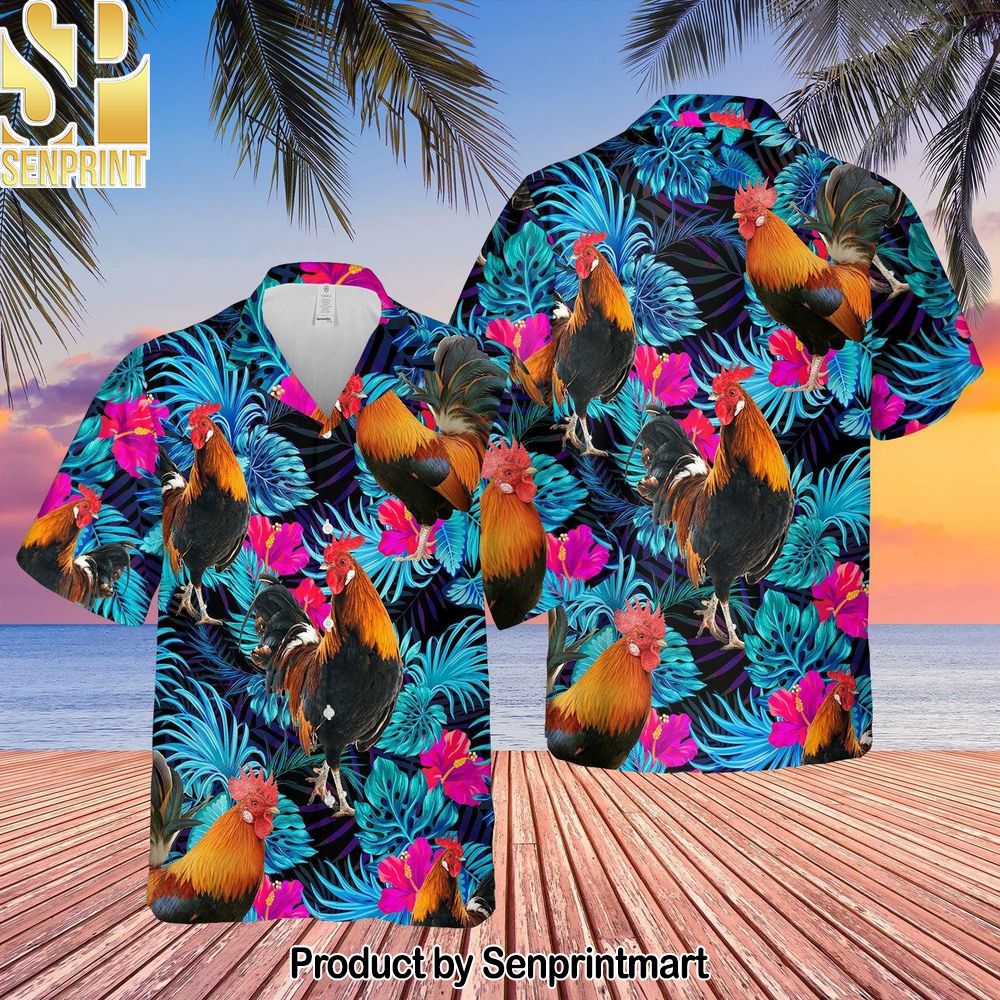 Rooster Blue Neon Tropical Hawaii Shirt, Cattle Shirt Rooster Cattle Lovers Beach Hawaiian Set – SEN0633
