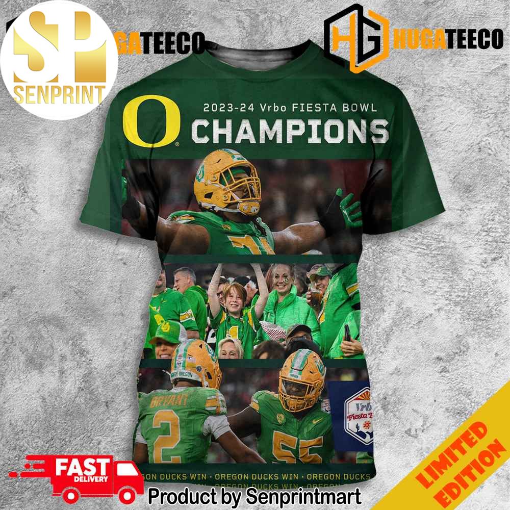 Congratulations Oregon Ducks Champions Of The Vrbo Fiesta Bowl 2023-2024 3D Merchandise T-Shirt – Senprintmart Store 3361