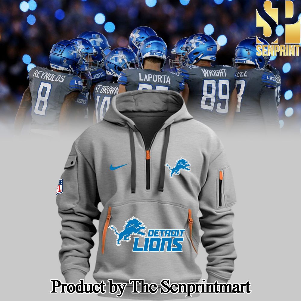 Detroit Lions Gray Half Zip For Fans Full Printing Hoodie 2024 SEN0619