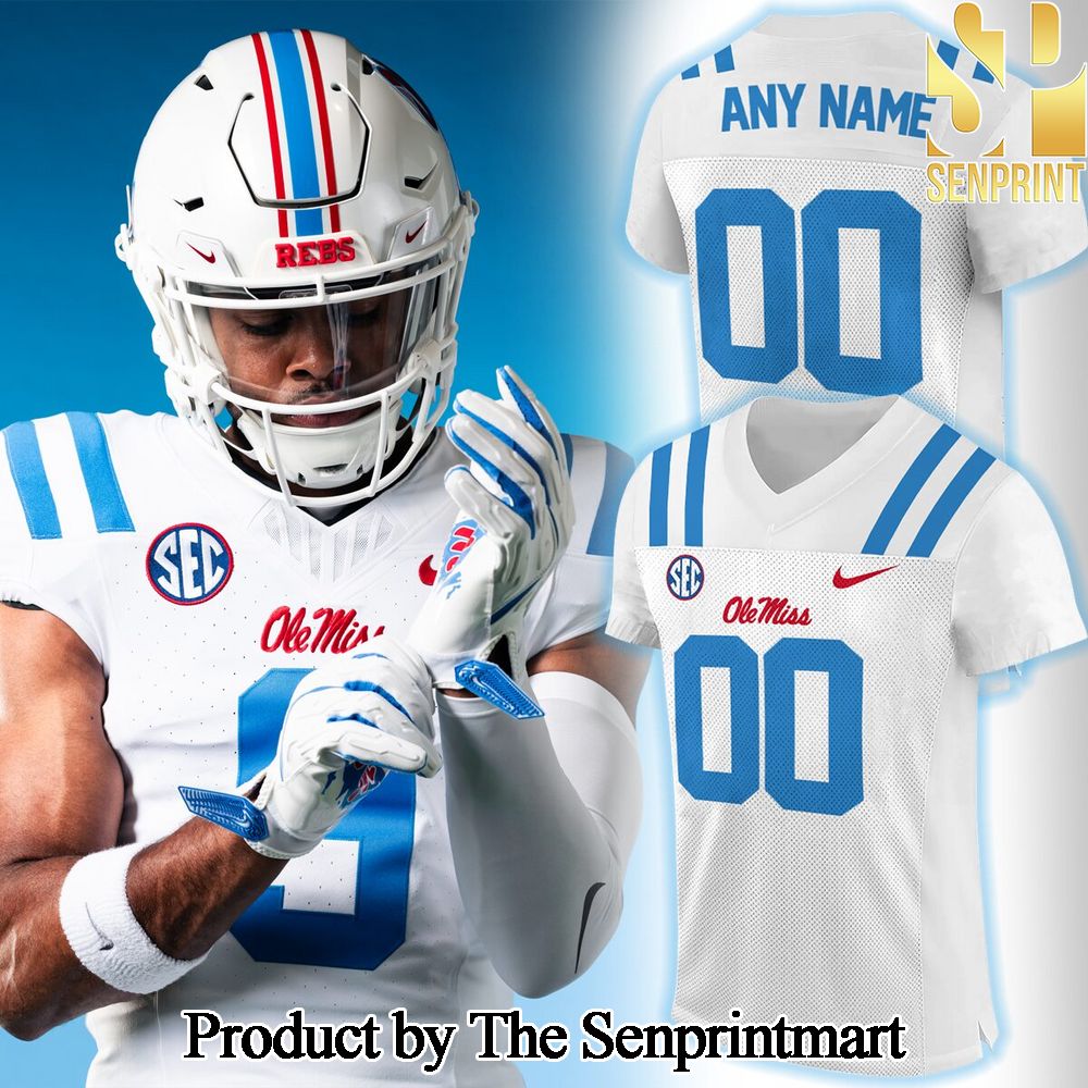 Ole Miss Rebels White and Powder Blue Custom Jersey SEN1337