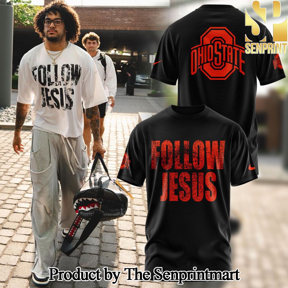 Ohio State Buckeyes FOLLOW JESUS Tshirt and Pants and Cap Set 2024 SEN0979