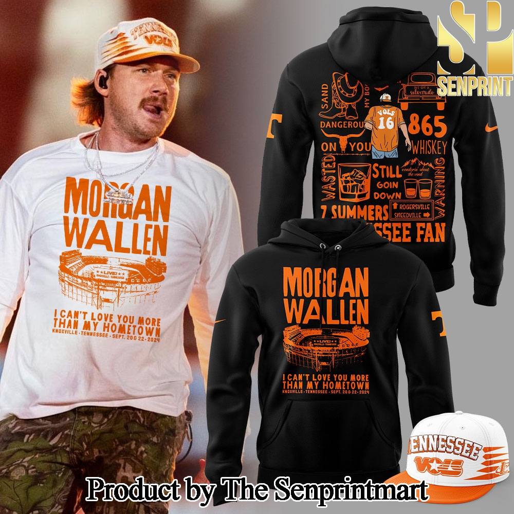 Tennessee Volunteers Football Morgan Wallen Live Knoxville Tennessee Sept 20 and 22 2024 Black Hoodie and Pants and Snapback Cap Set SEN3571