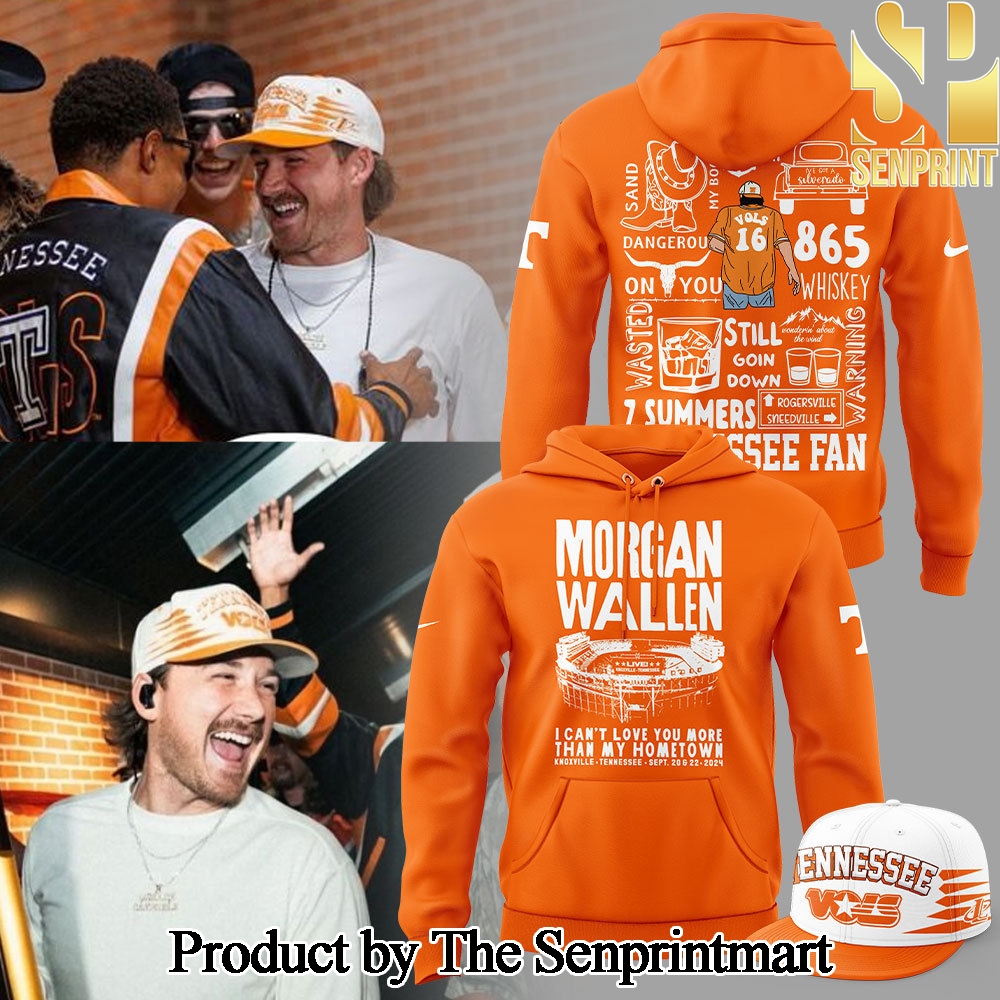 Tennessee Volunteers Football Morgan Wallen Live Knoxville Tennessee Sept 20 and 22 2024 Orange Hoodie and Pants and Snapback Cap Set SEN3572