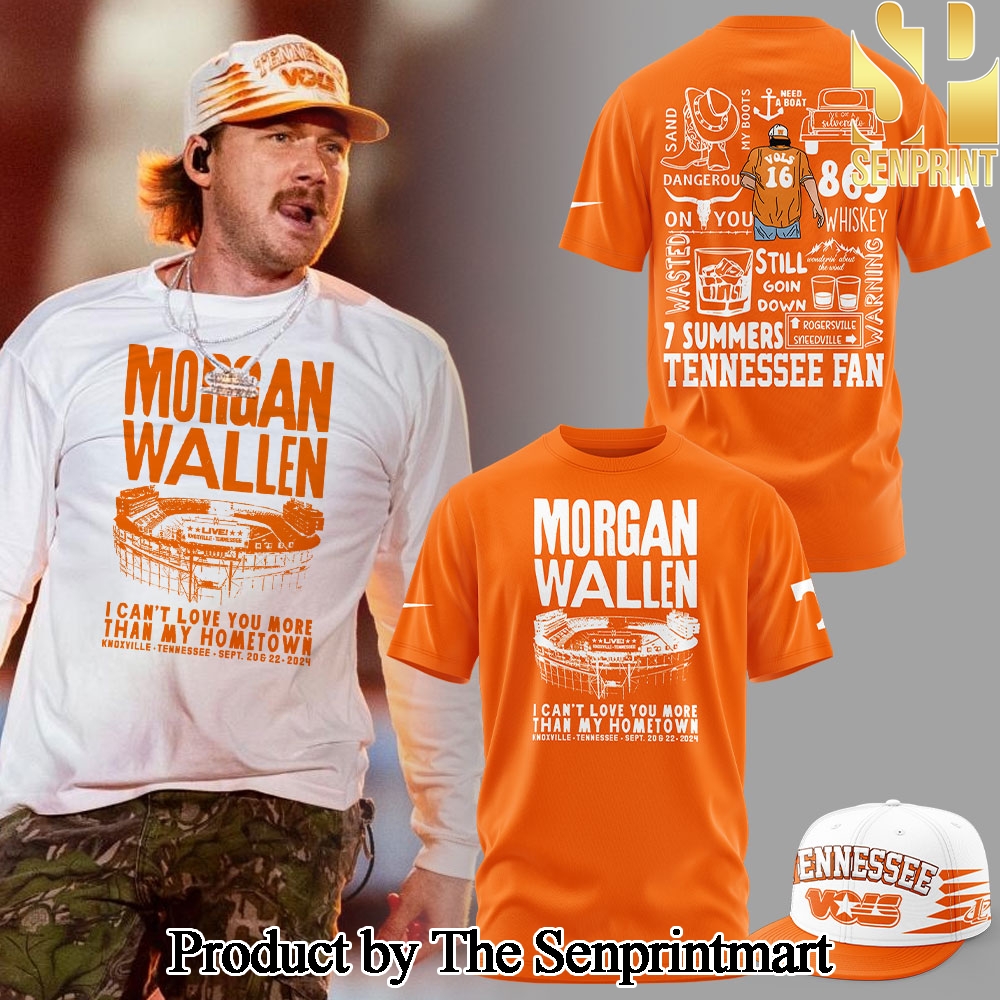 Tennessee Volunteers Football Morgan Wallen Live Knoxville Tennessee Sept 20 and 22 2024 Orange Tshirt and Pants and Snapback Cap Set SEN3560