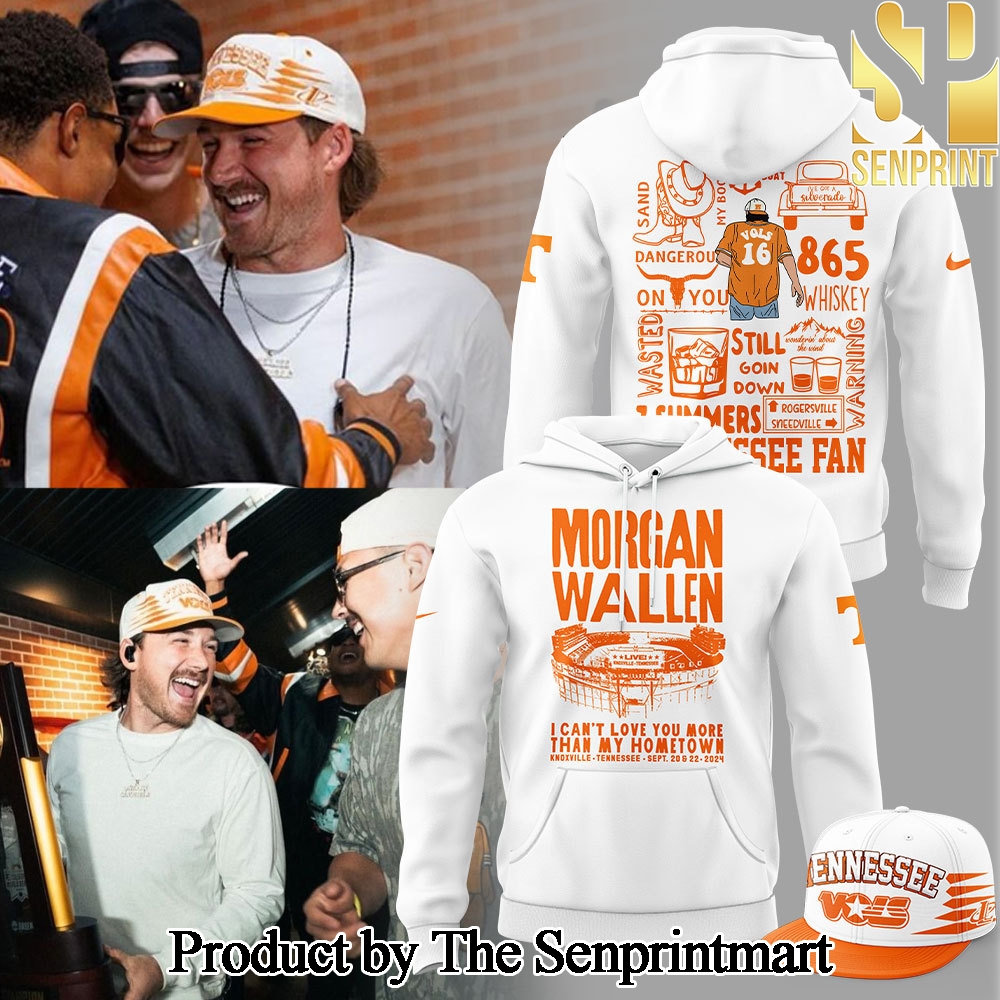 Tennessee Volunteers Football Morgan Wallen Live Knoxville Tennessee Sept 20 and 22 2024 White Hoodie and Pants and Snapback Cap Set SEN3566