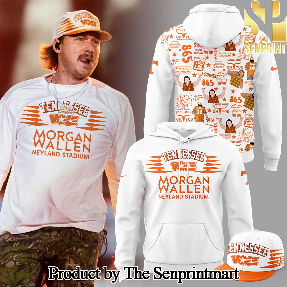 Tennessee Volunteers Football Morgan Wallen Live Knoxville Tennessee Sept 20 and 22 2024 White Hoodie and Pants and Snapback Cap Set SEN3568